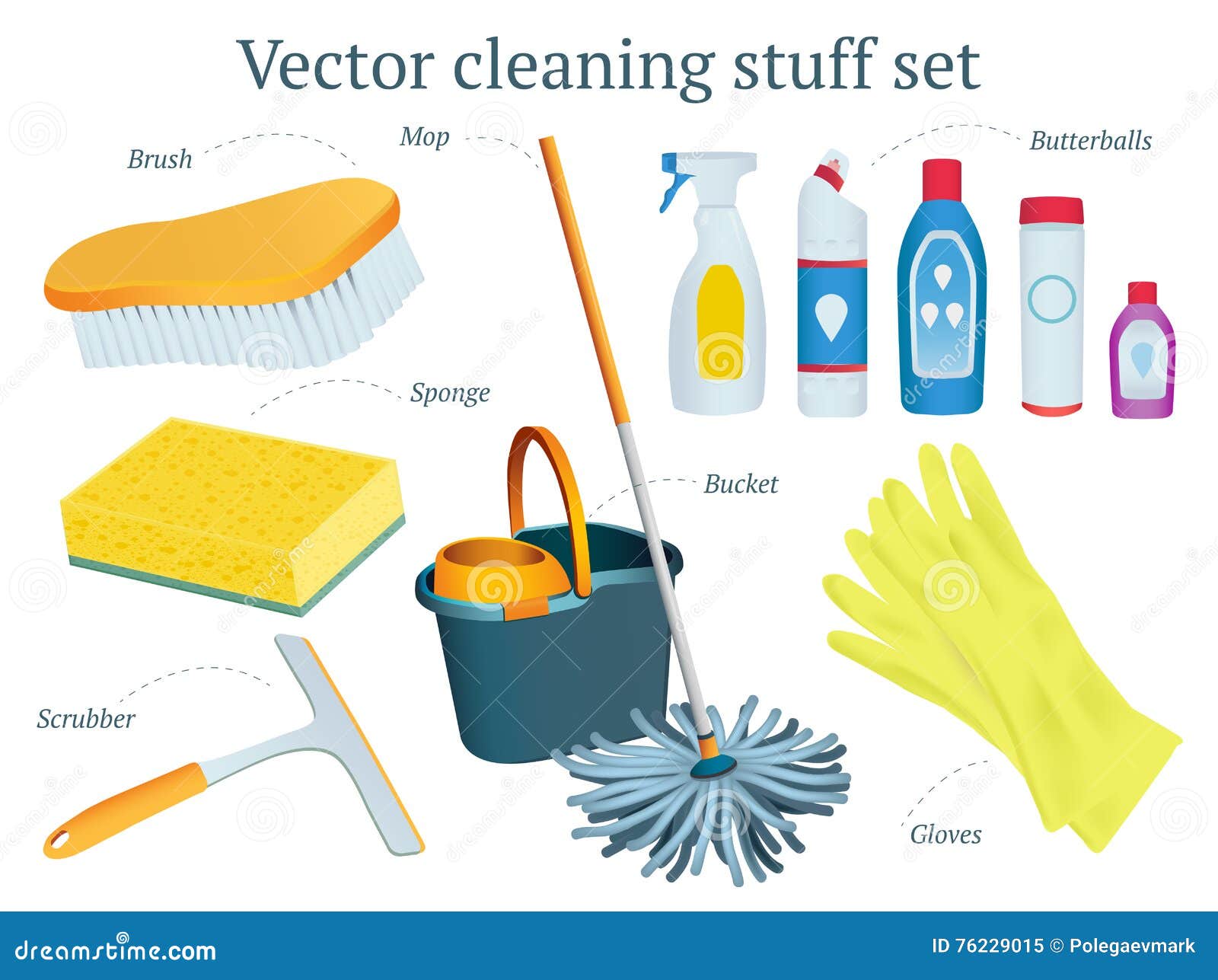 Set of Vector Cleaning Stuff Design with Mop, Bucket, Butterball Stock  Vector - Illustration of housework, object: 76229015