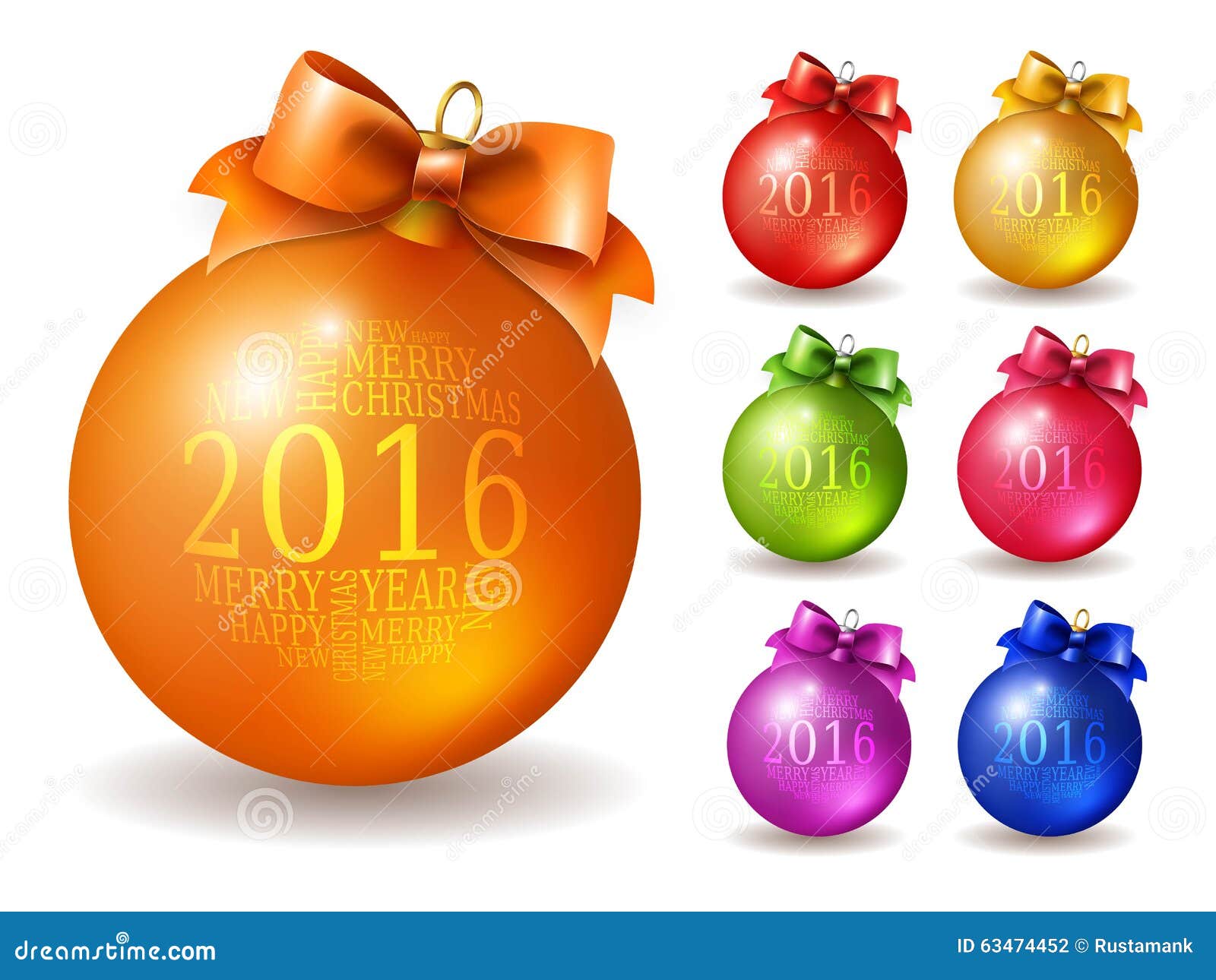 Set of vector colored Christmas balls decorated with bow and inscription 2016