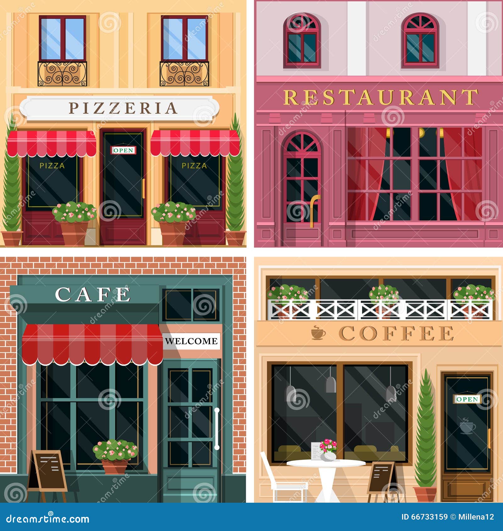 set of  detailed flat  restaurants and cafes facade icons. cool graphic exterior  for restaurant business.