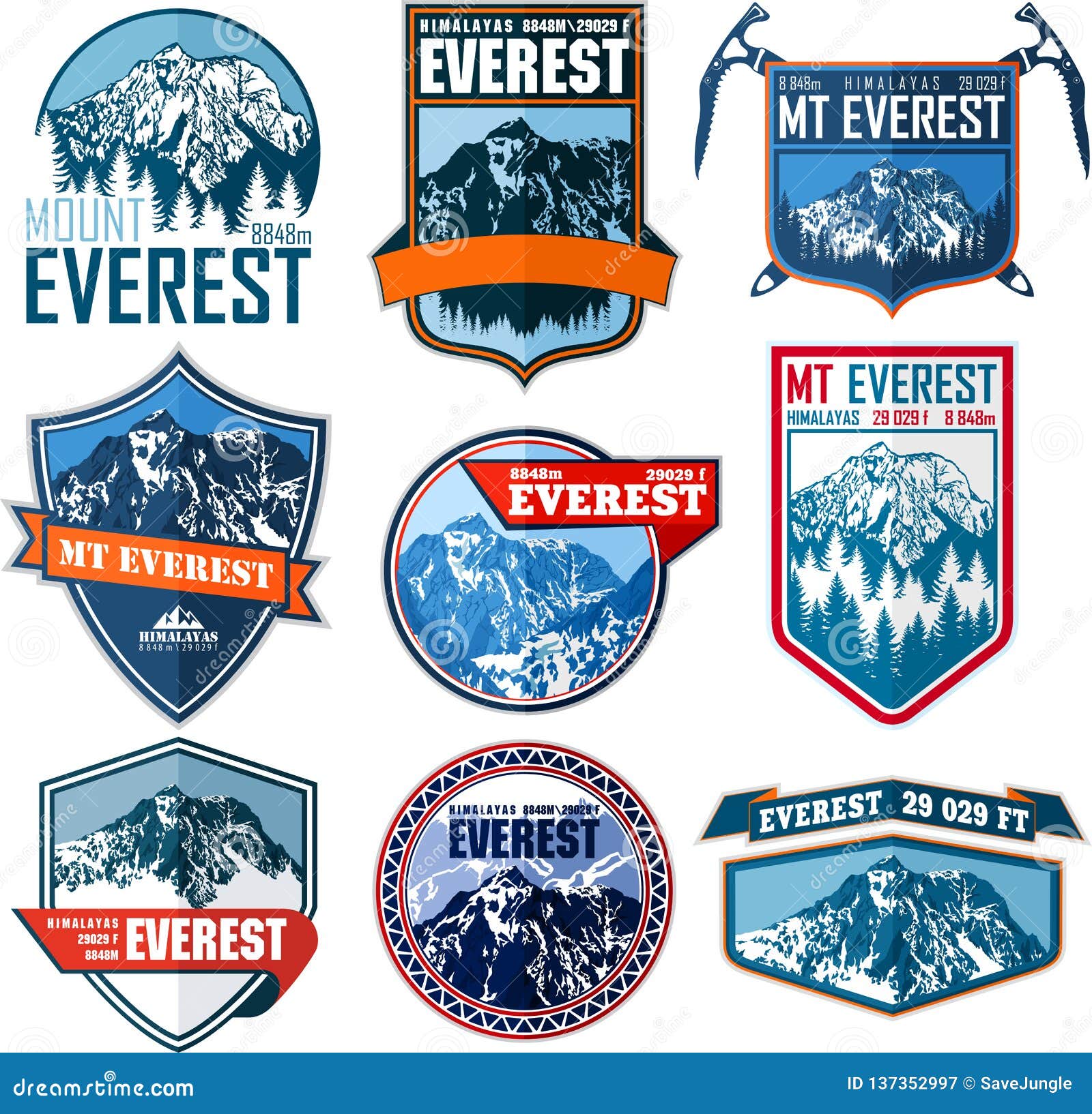 set of  everest mountain logo. emblem with highest peack in world. mountaineering label