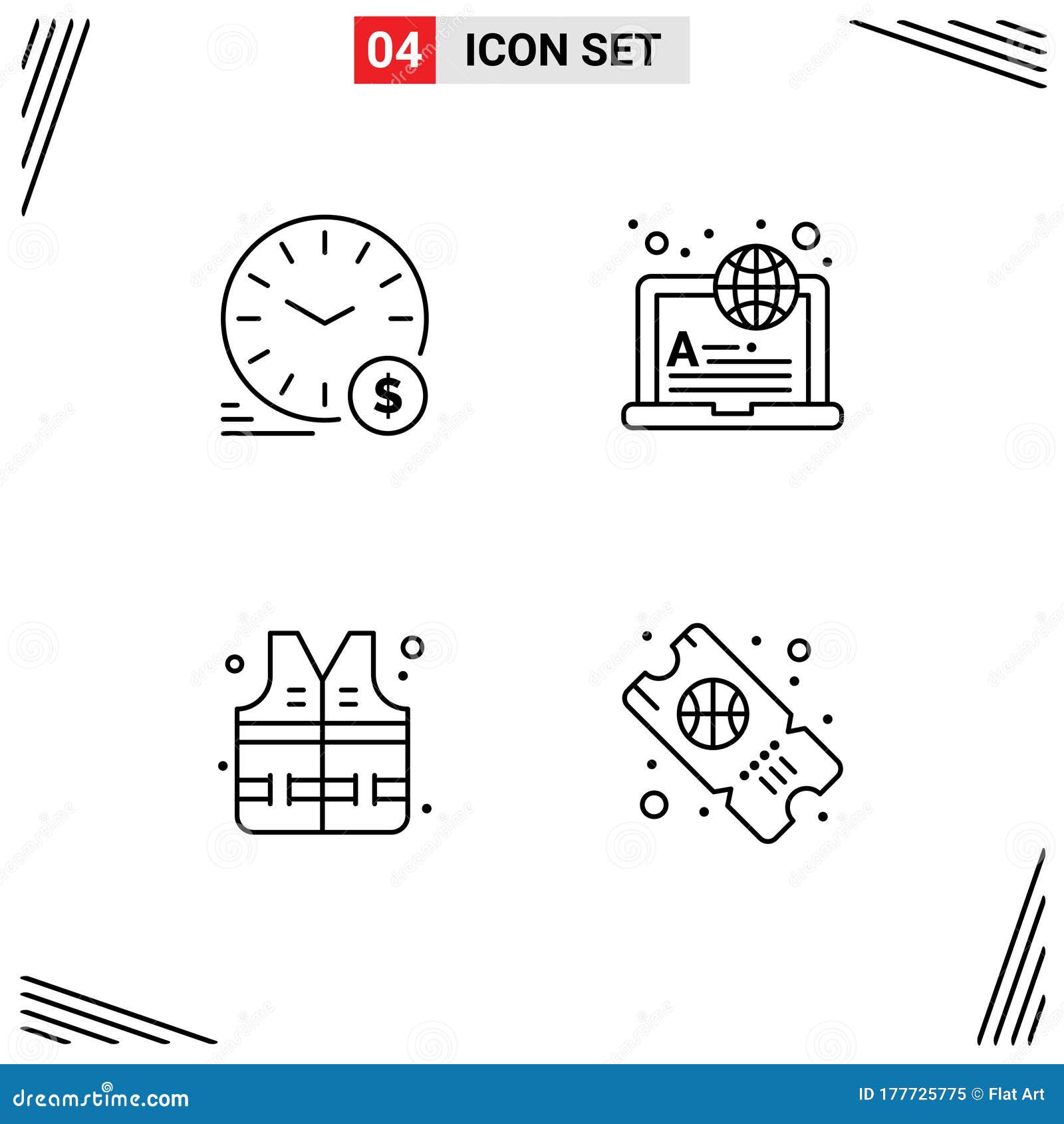 set of 4  filledline flat colors on grid for time, lifejacket, wallclock, internet, park