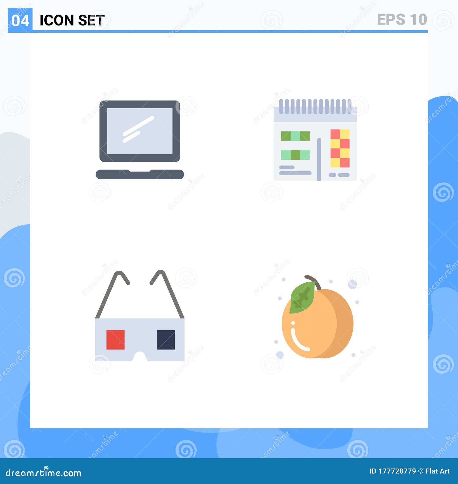 set of 4  flat icons on grid for computer, glasses, imac, calendar, pack
