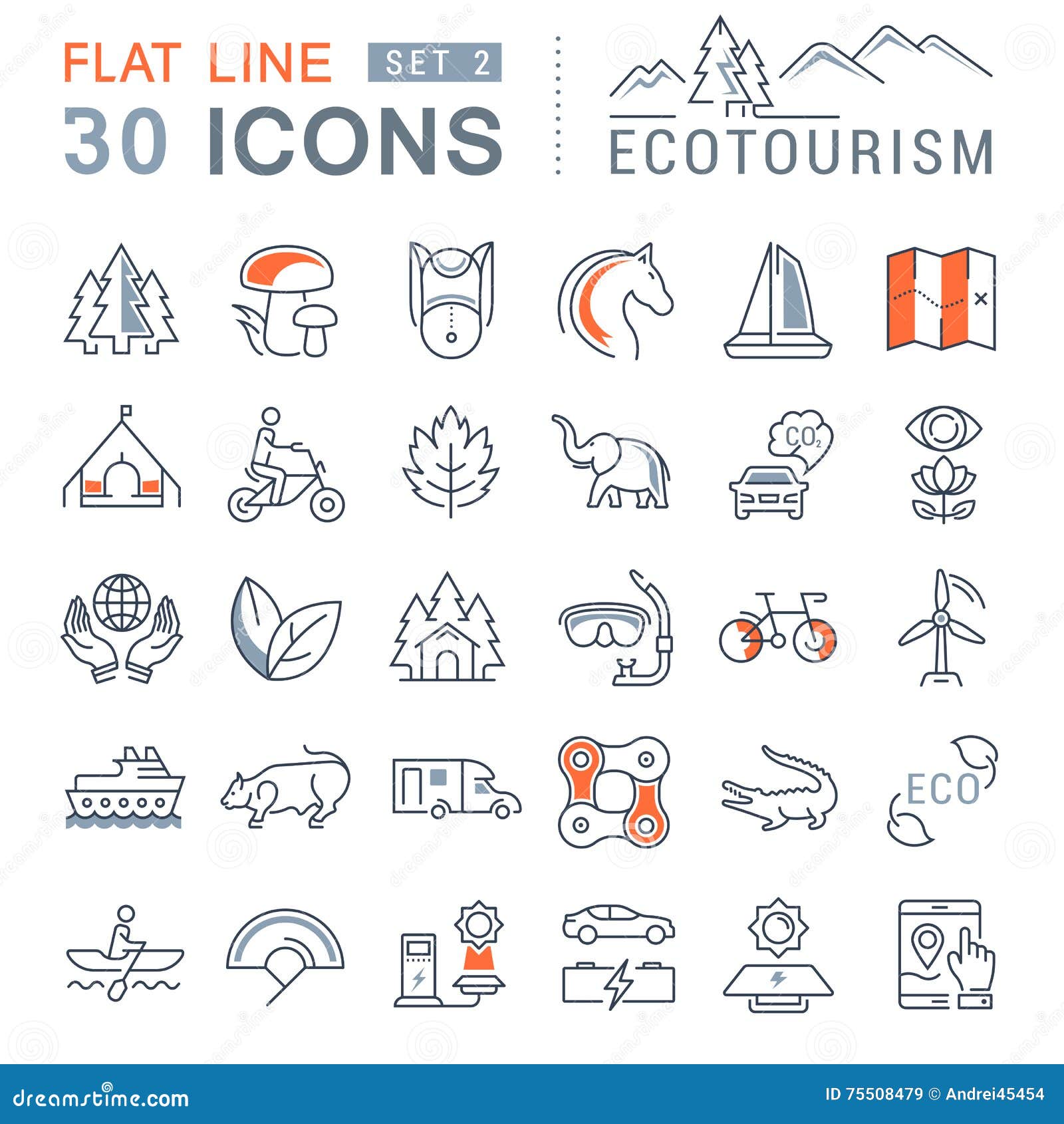 set  flat line icons ecotourism