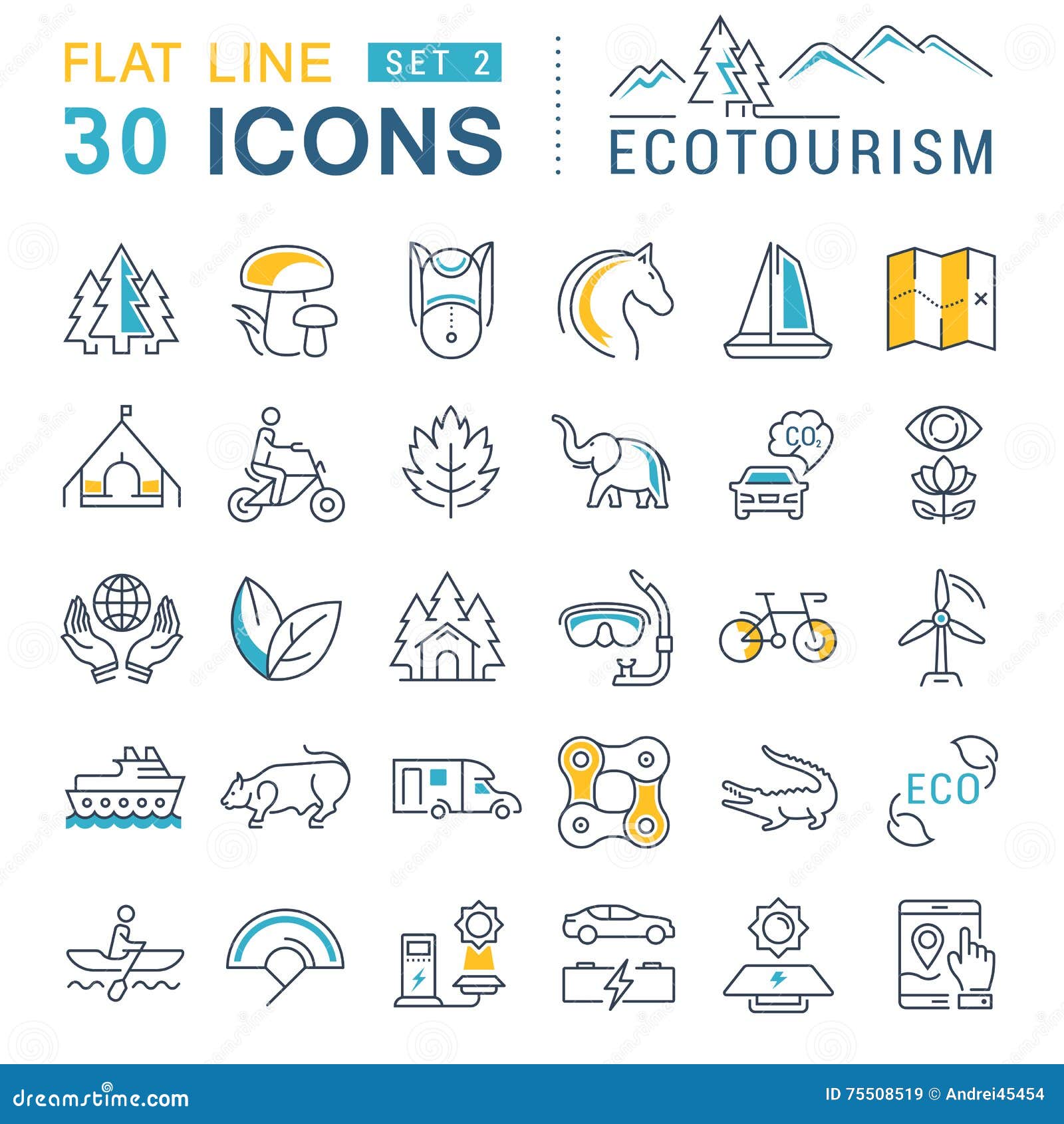 set  flat line icons ecotourism