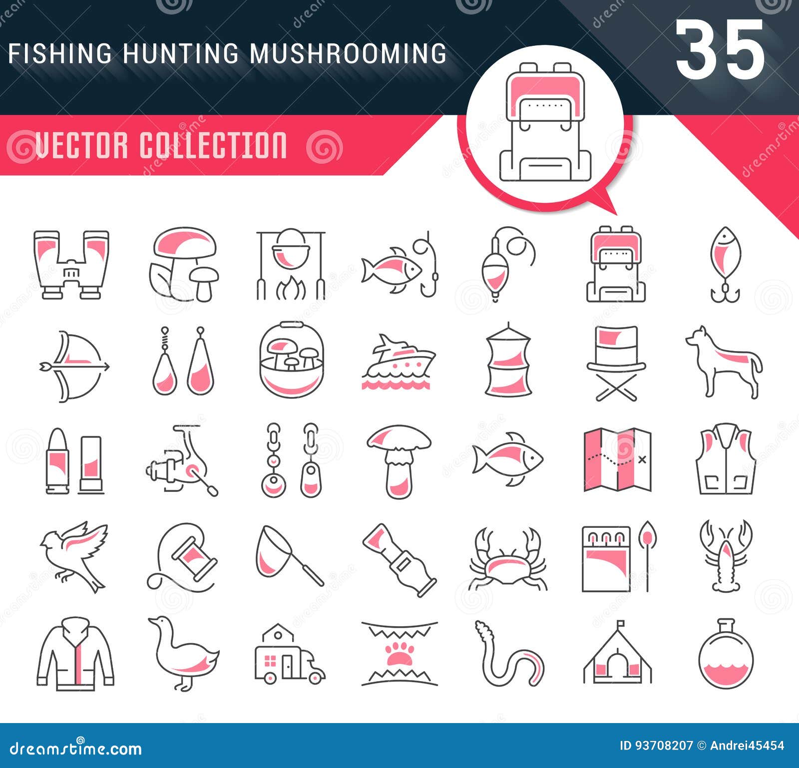 set  flat line icons mushrooming, fishing and hunting