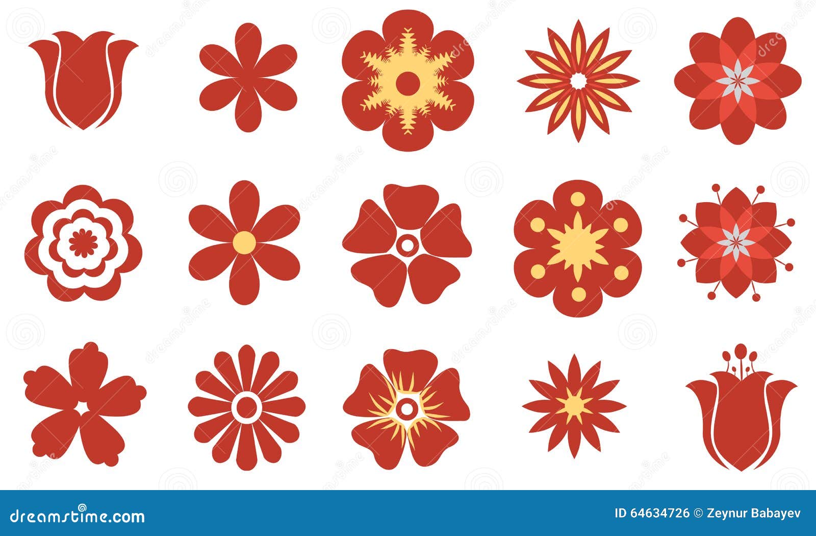 Set of Vector Flat Red Flowers. Symbol or Icon Stock Vector
