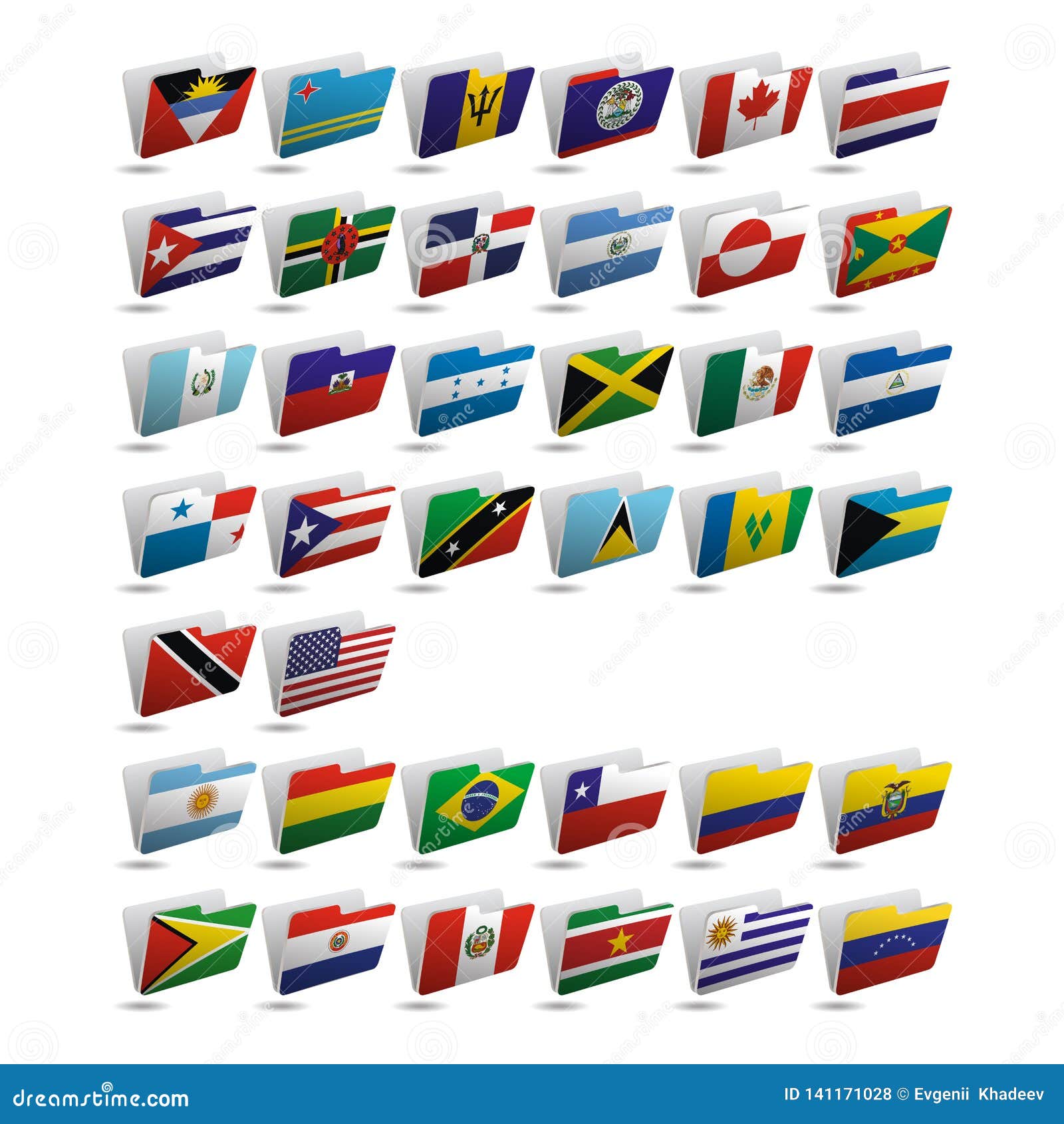 Set Of Vector Folder Icons With Flags Of North And South America Stock