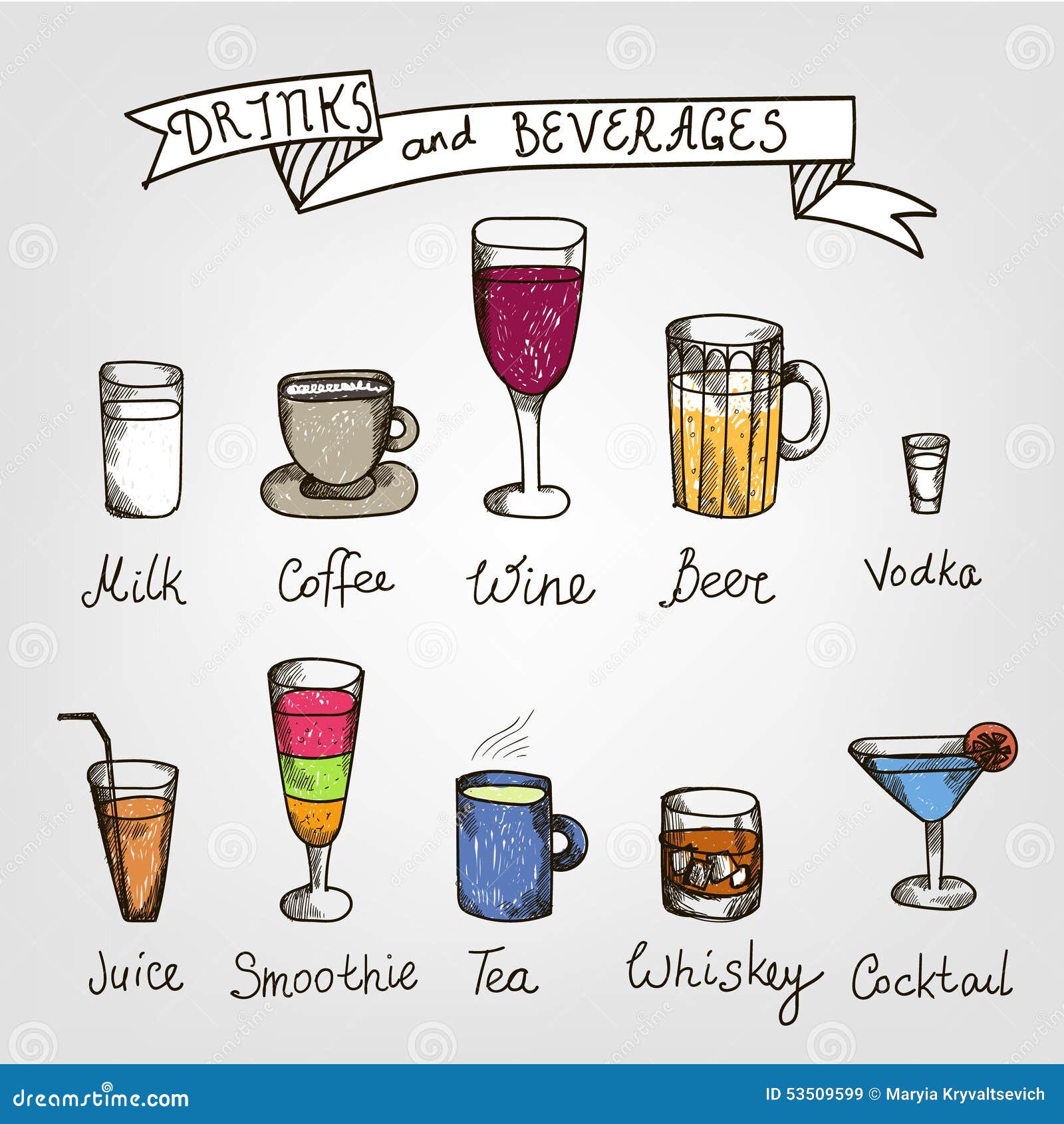 Set of Vector Hand Drawn Drinks Stock Vector - Illustration of drawing