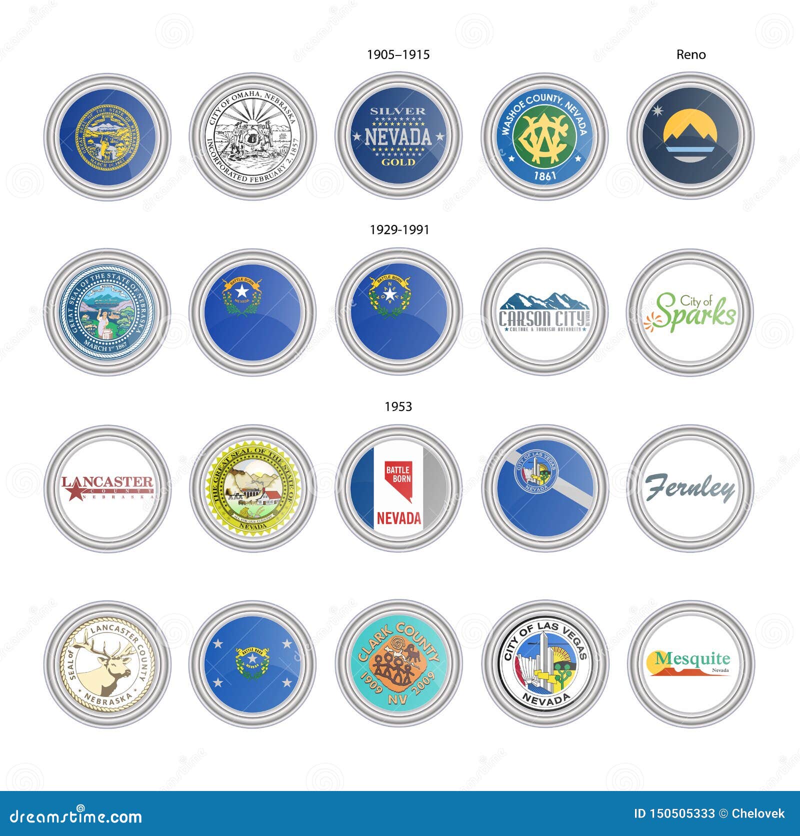 set of  icons. flags and seals of nebraska and nevada states, usa.