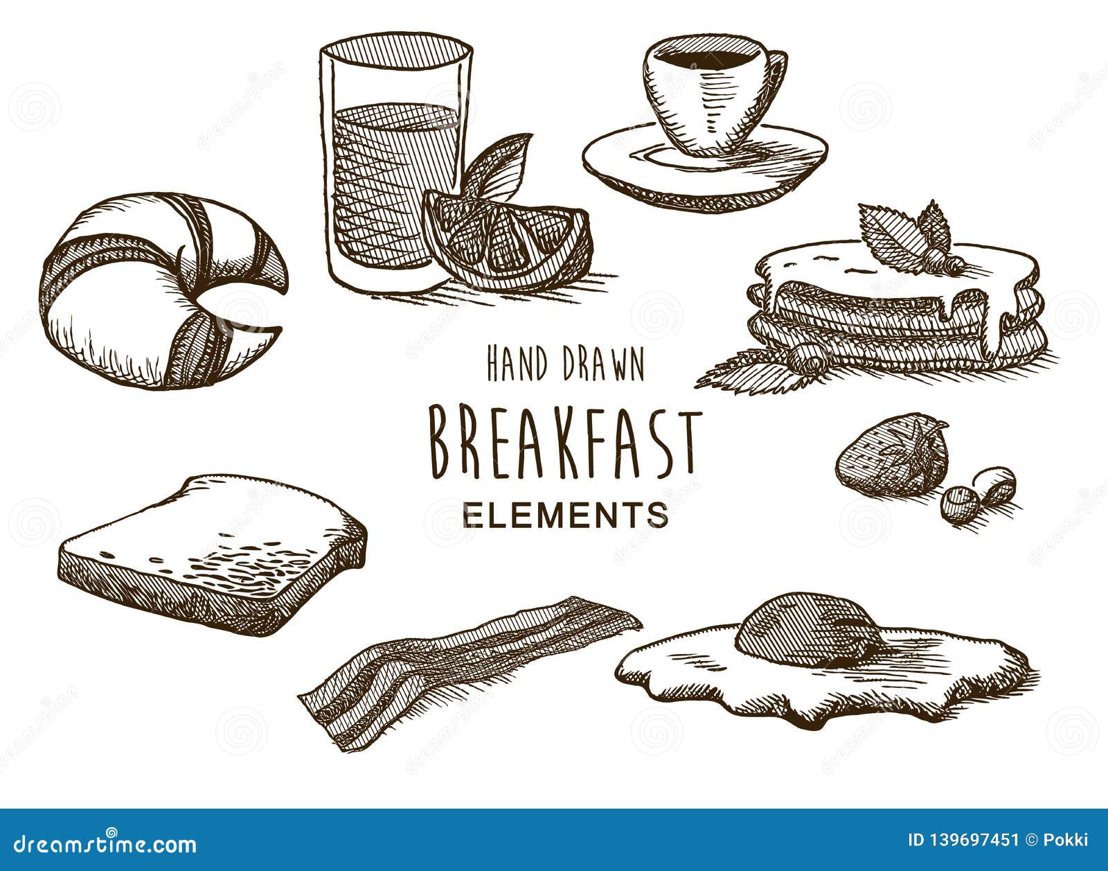 set of  illustraion hand draw breakfast s created with line technique