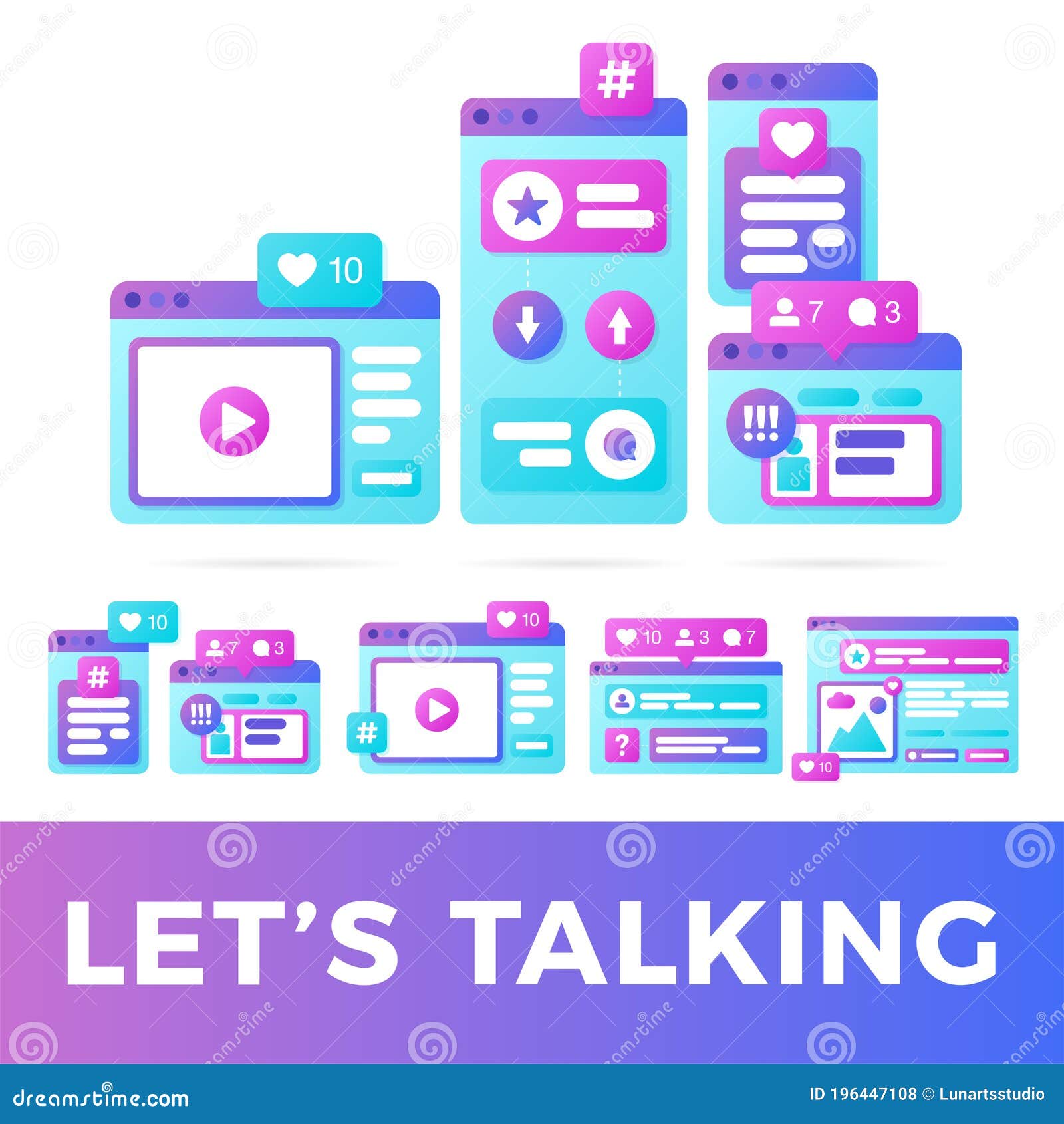 set   of a social media communication concept. social media with colorful cross-platform browser windows