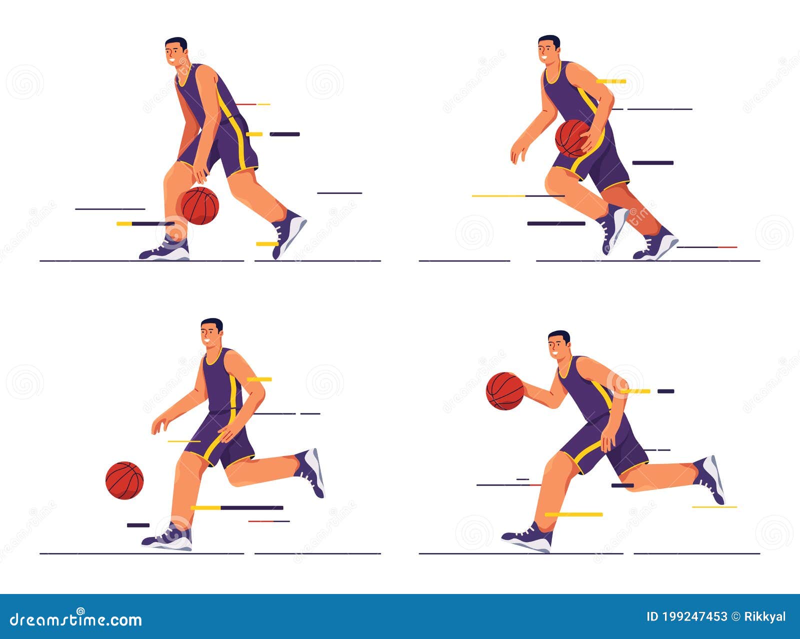 Set of Vector Illustrations of a Basketball Player in Motion Stock