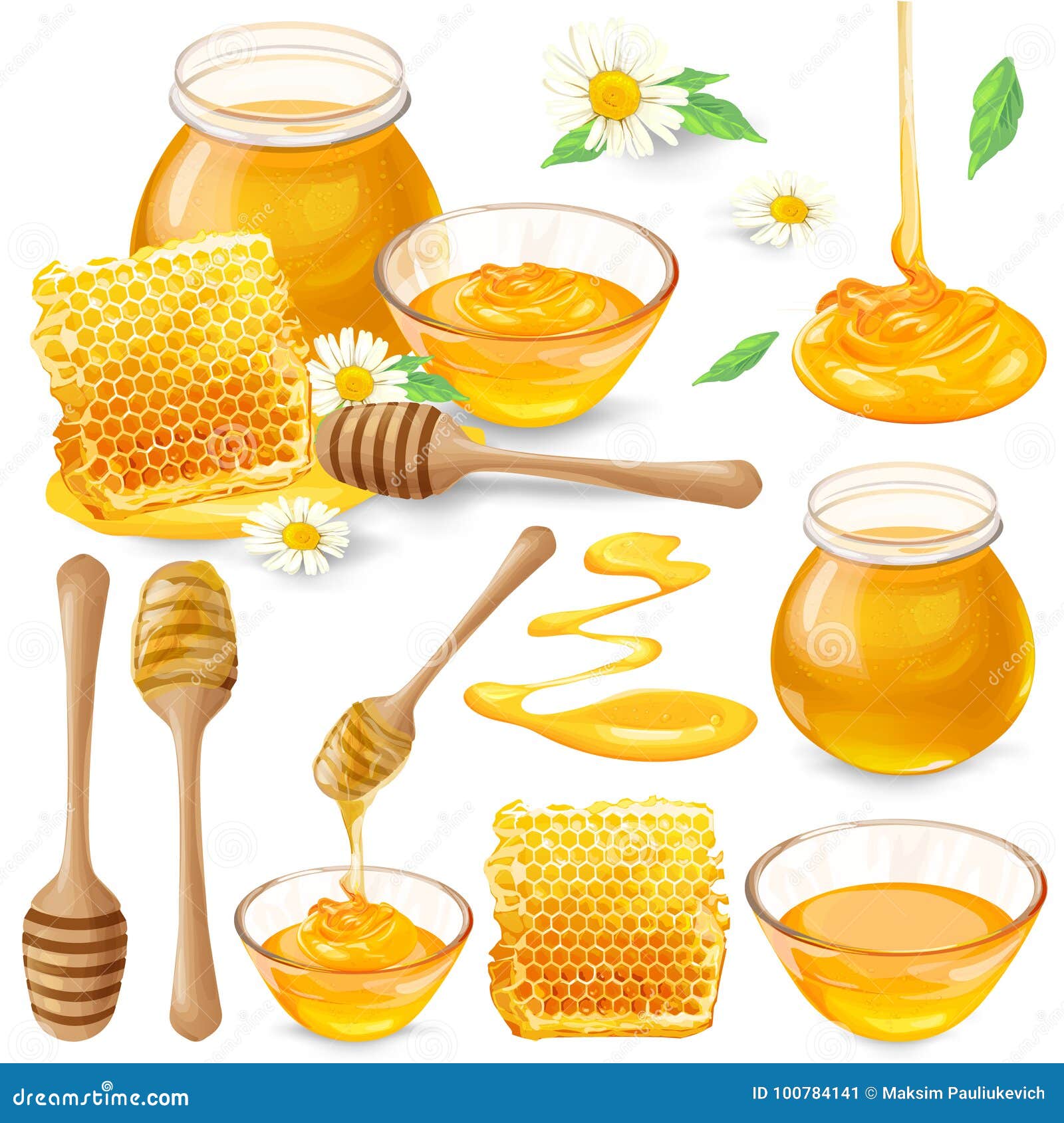 set of  s of honey in honeycombs, in a jar, dripping from honey dipper