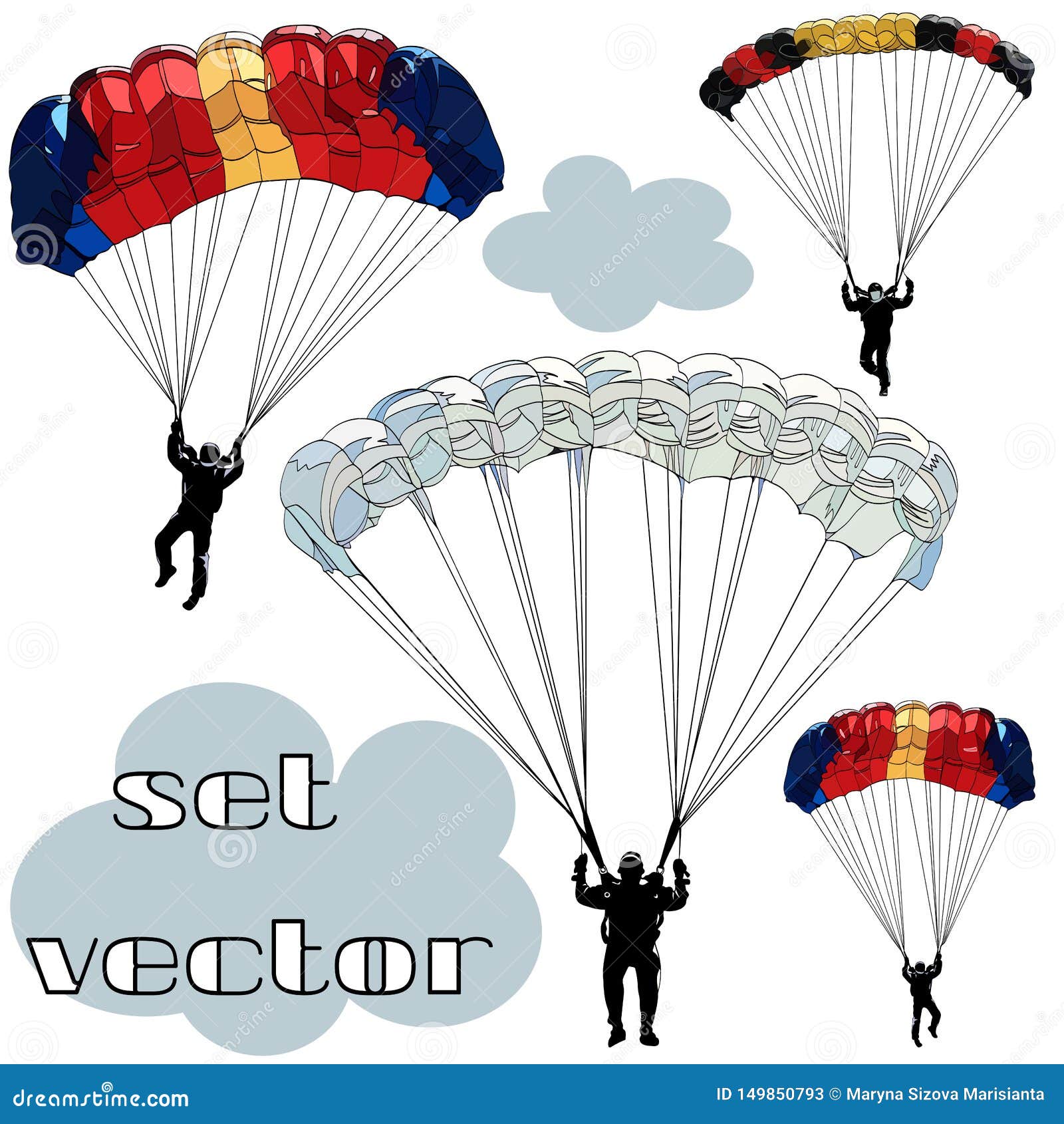 Set Of Vector Images Of Black Contour Figures Of Parachutists On Multi