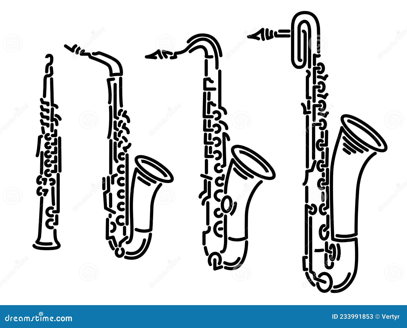 set of  images of different types of saxophones drawn by lines