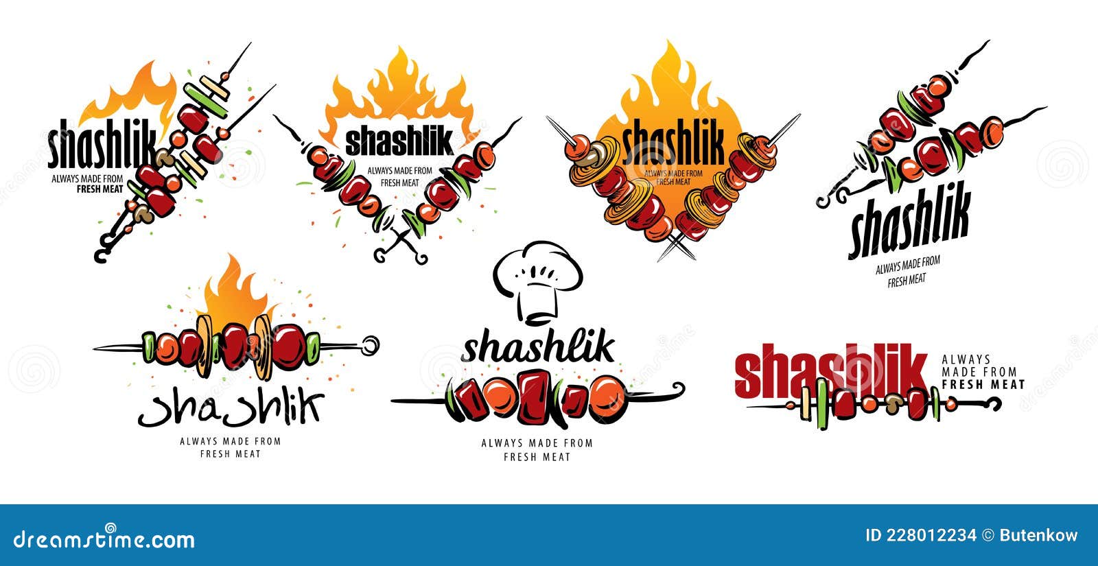 a set of  logos with a drawn barbecue on a skewer