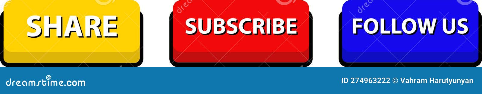 set of  modern trendy flat buttons. button cons with different text in it. share, subscribe, follow us