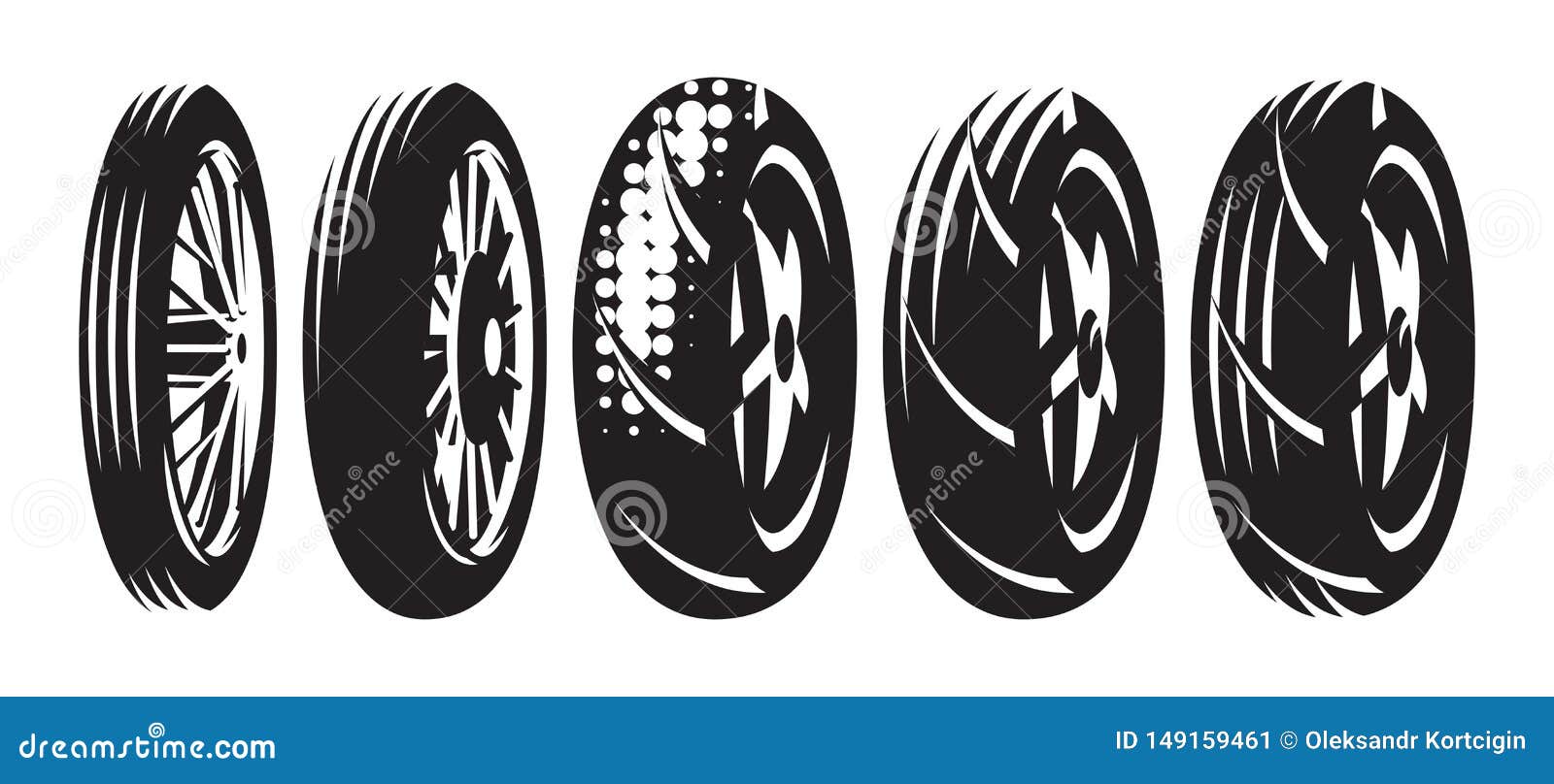 Set of Vector Monochrome Templates of Various Motorcycle Wheels Stock