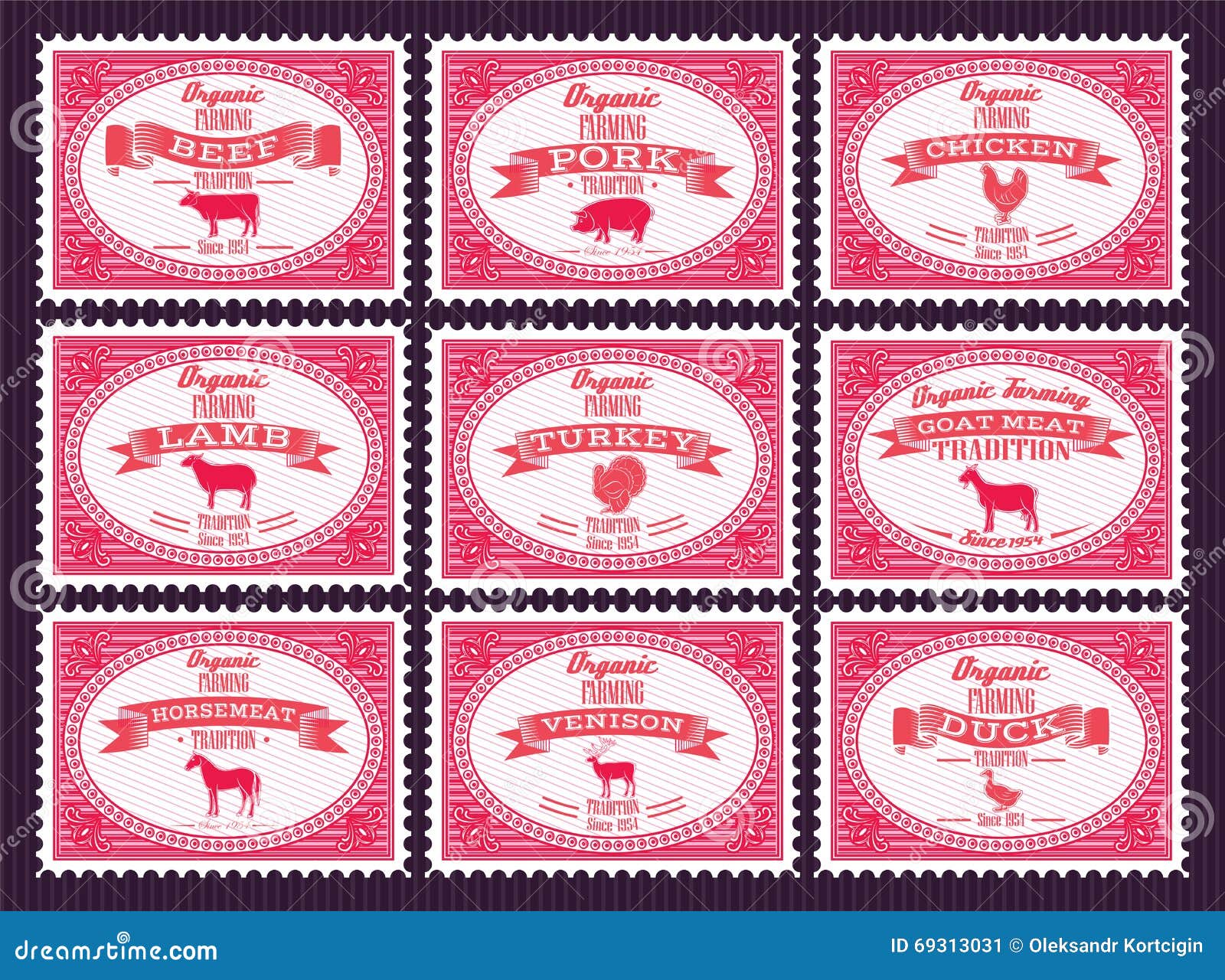Set of Vector Postage Stamps with Farm Animals Stock Vector