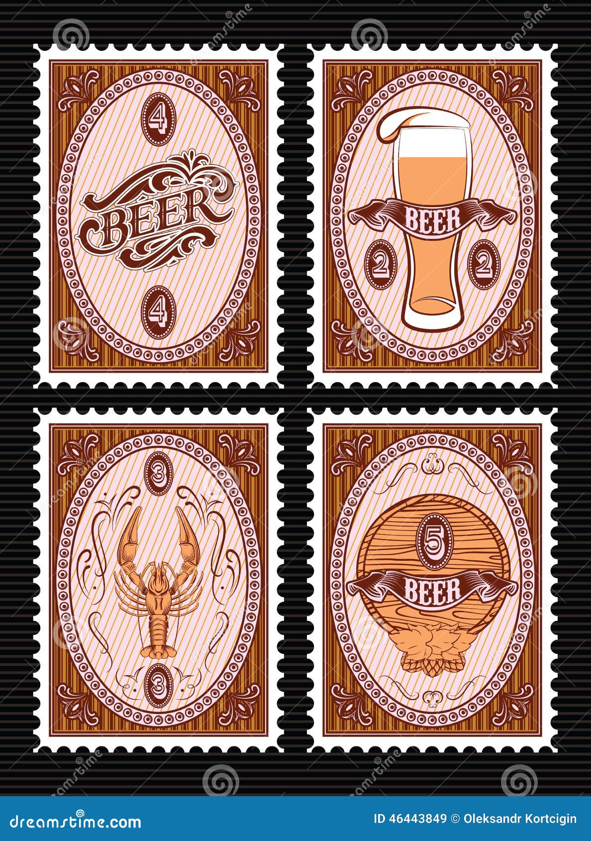 Set of Vector Postage Stamps with Glass of Beer, Keg, Lobster Stock