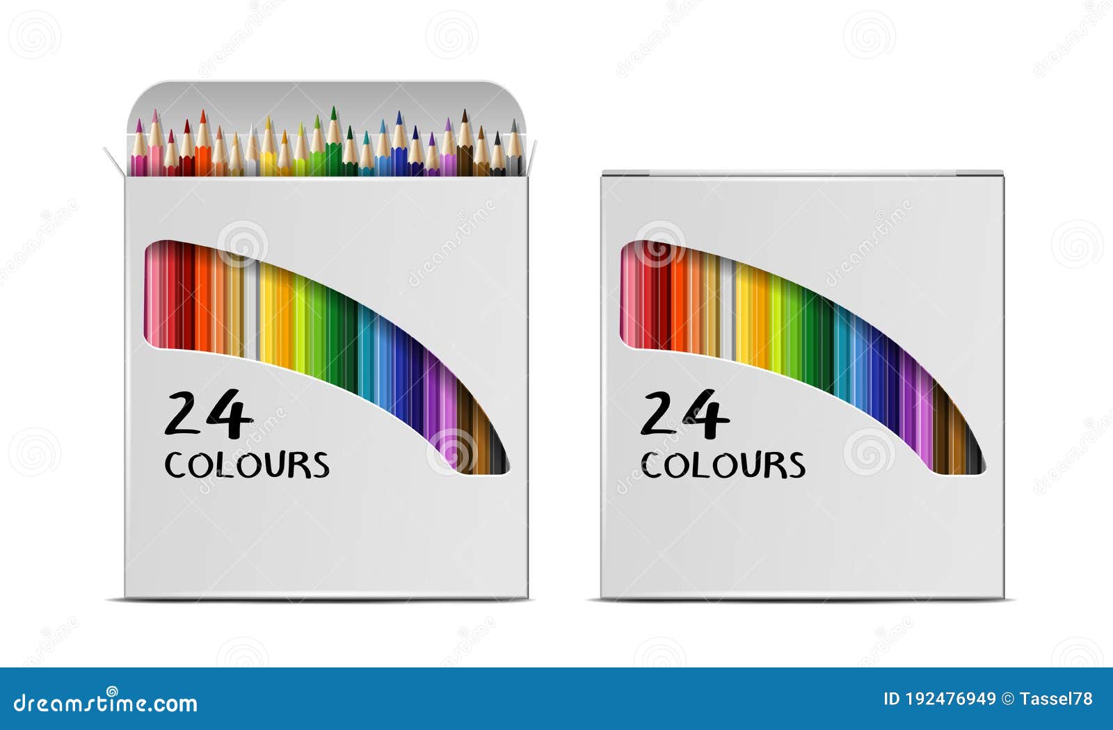 Set of Vector Realistic Boxes of Colored Pencils Isolated on White