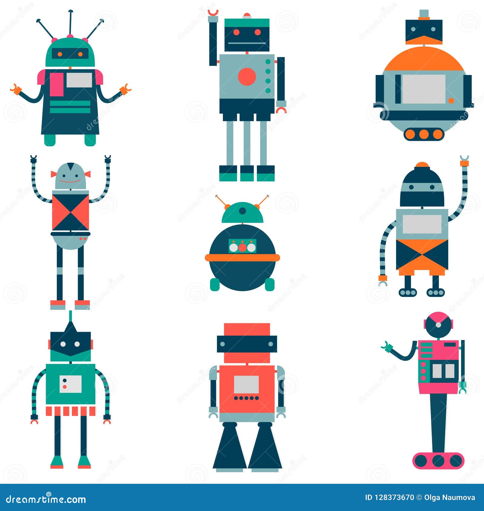 set of  robots in cartoon style.   robots in a white background
