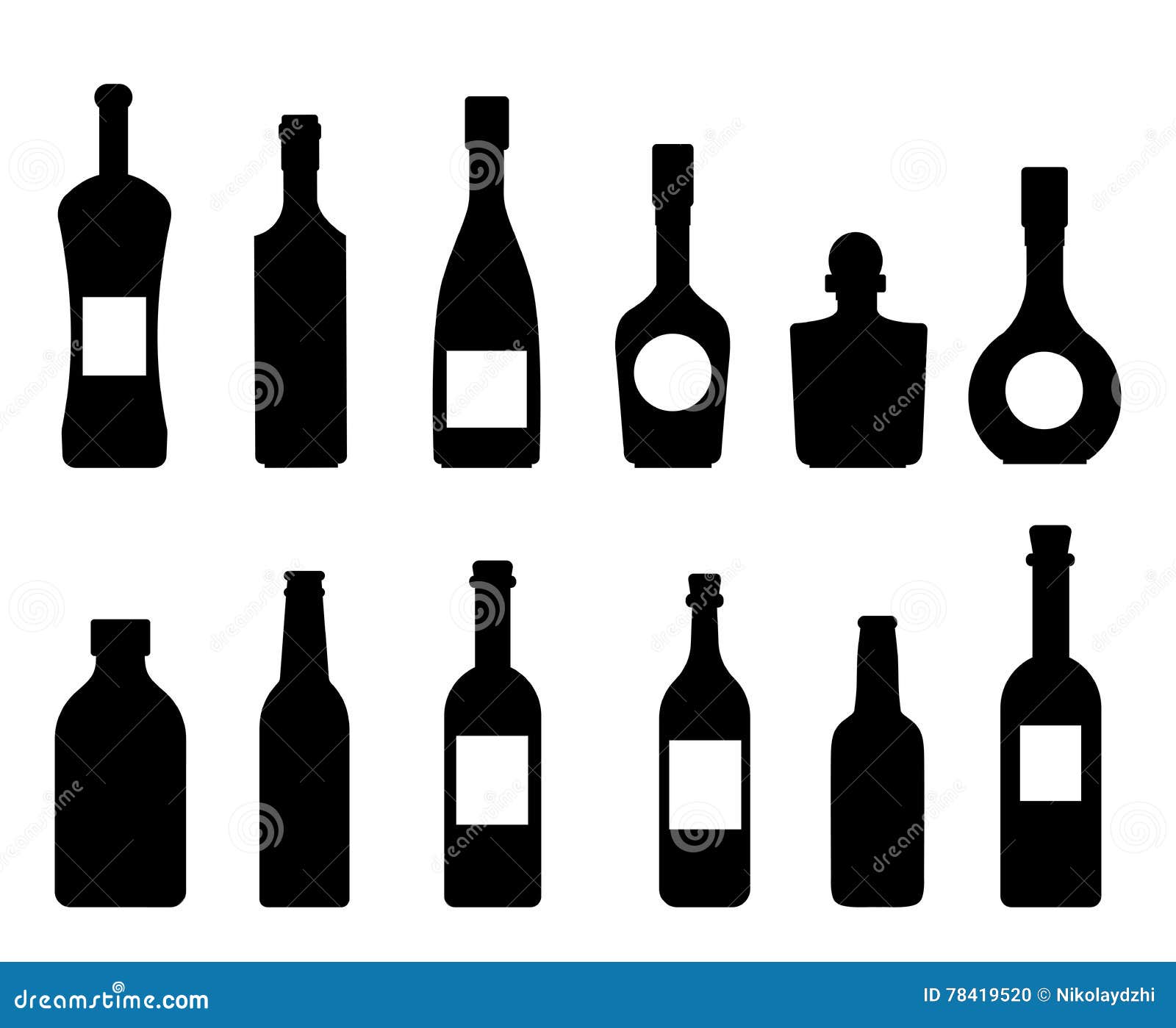 Set of Vector Silhouettes of Bottles Icon Wine Collection on a White