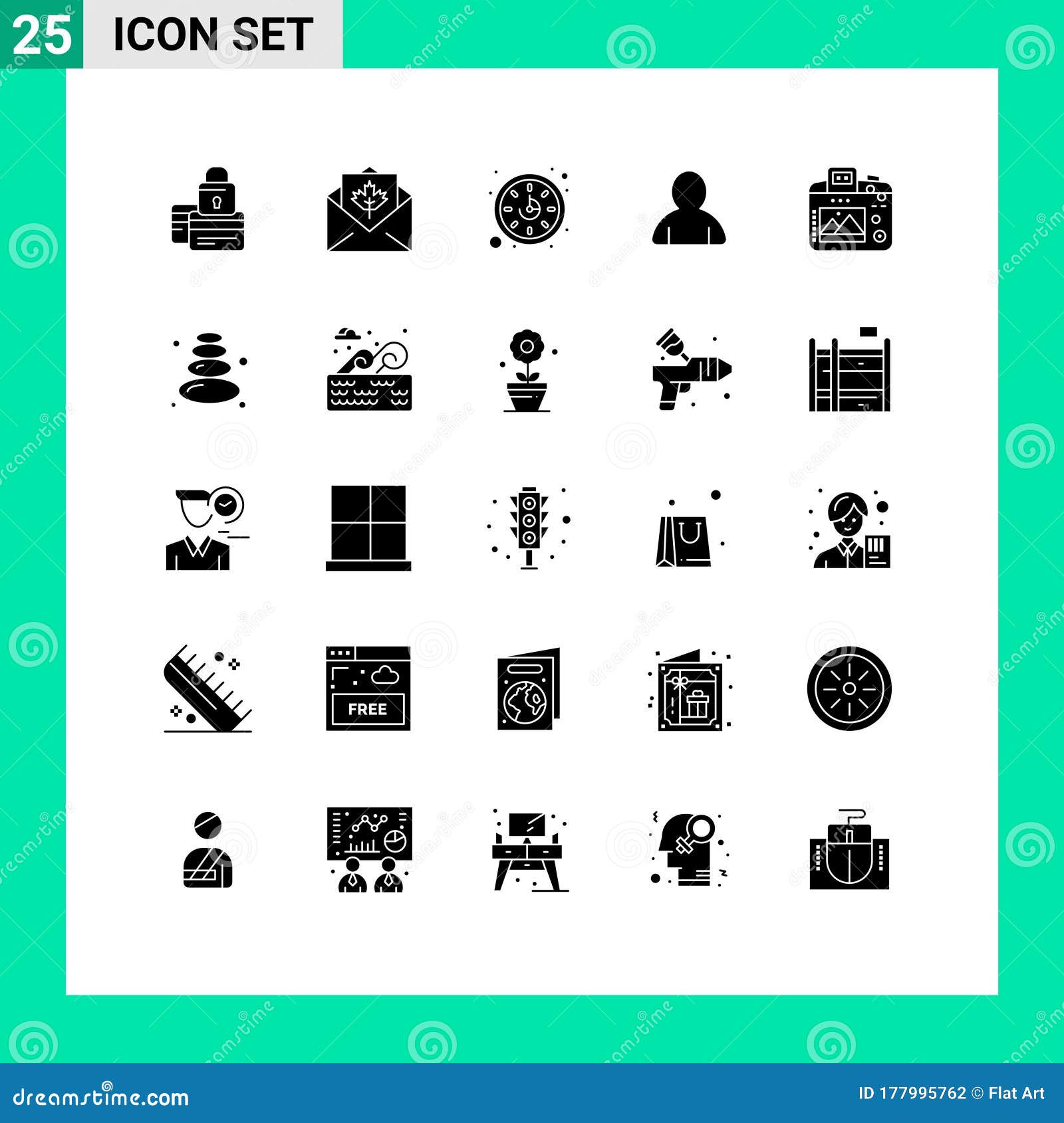 set of 25  solid glyphs on grid for camera, avatar, greetings, account, time
