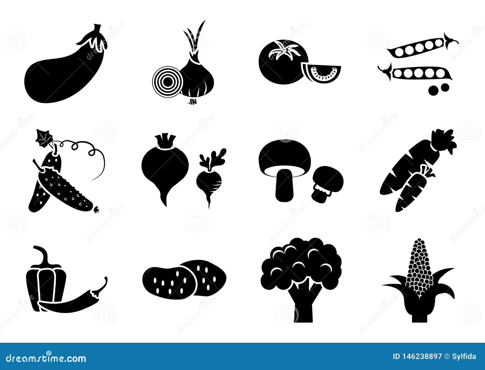 Set of Vegetables, Black and White Silhouette, Vector Stock ...