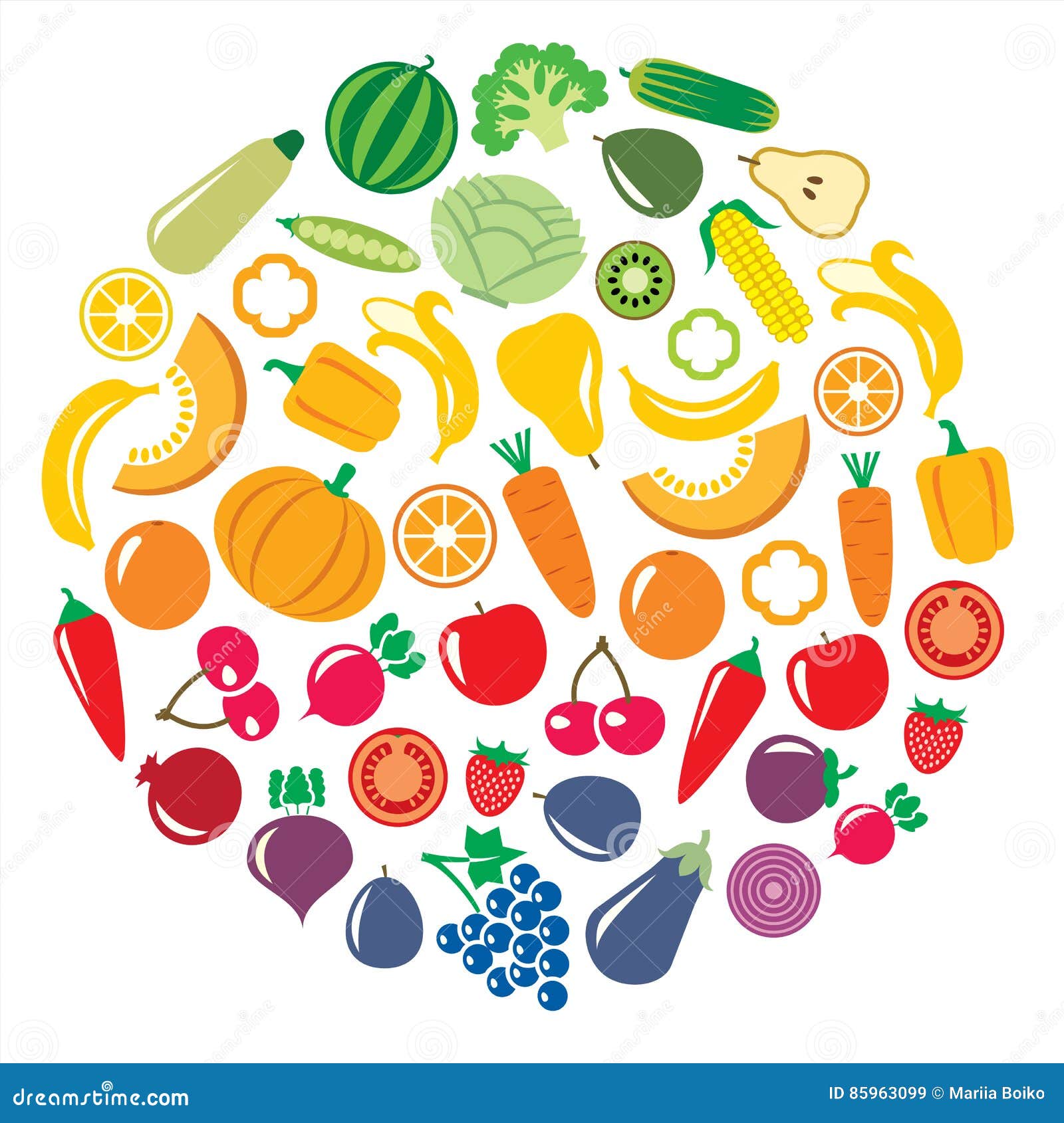 Set of Vegetables and Fruits in a Circular Shape Stock Vector