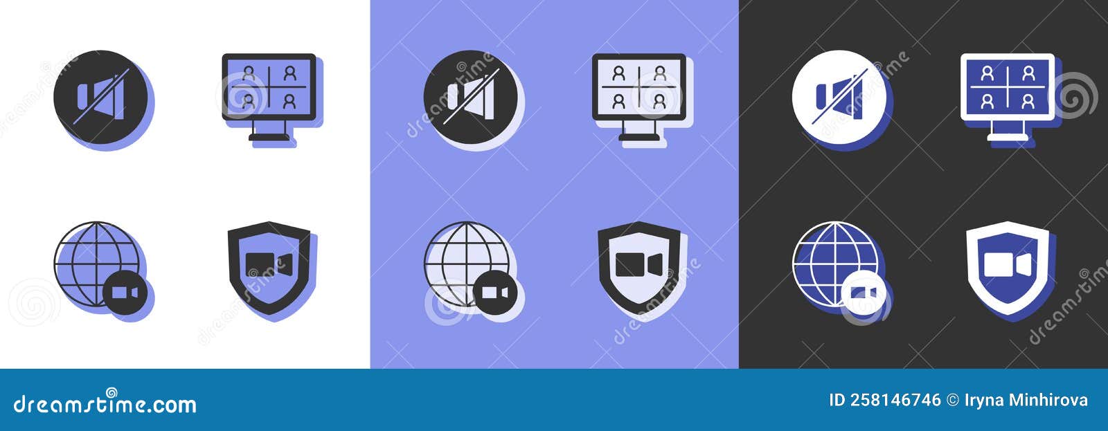 Set Video Chat Conference, Mute Microphone, and Icon. Vector Stock