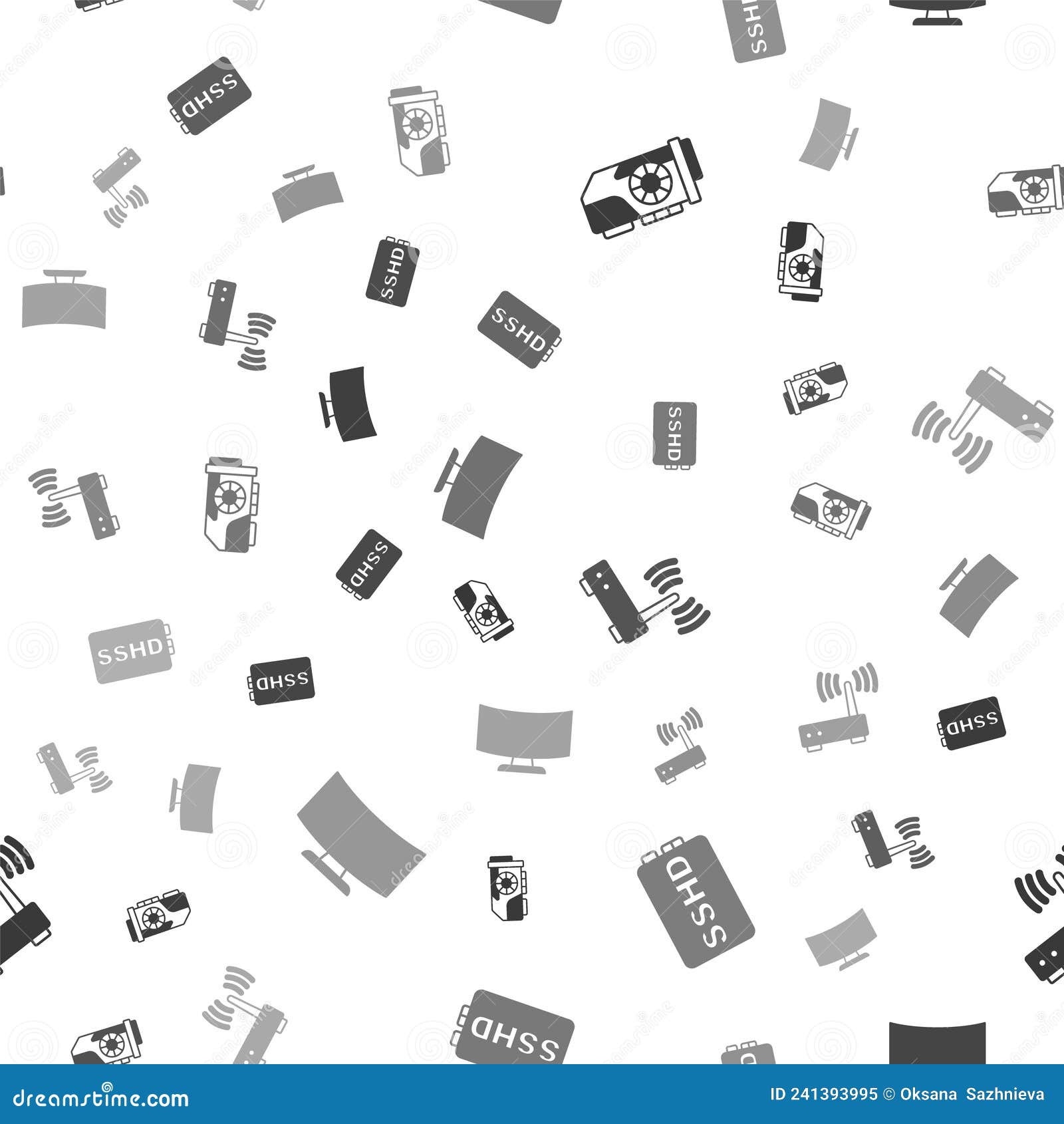 set video graphic card, sshd, router and wi-fi signal and computer monitor screen on seamless pattern. 