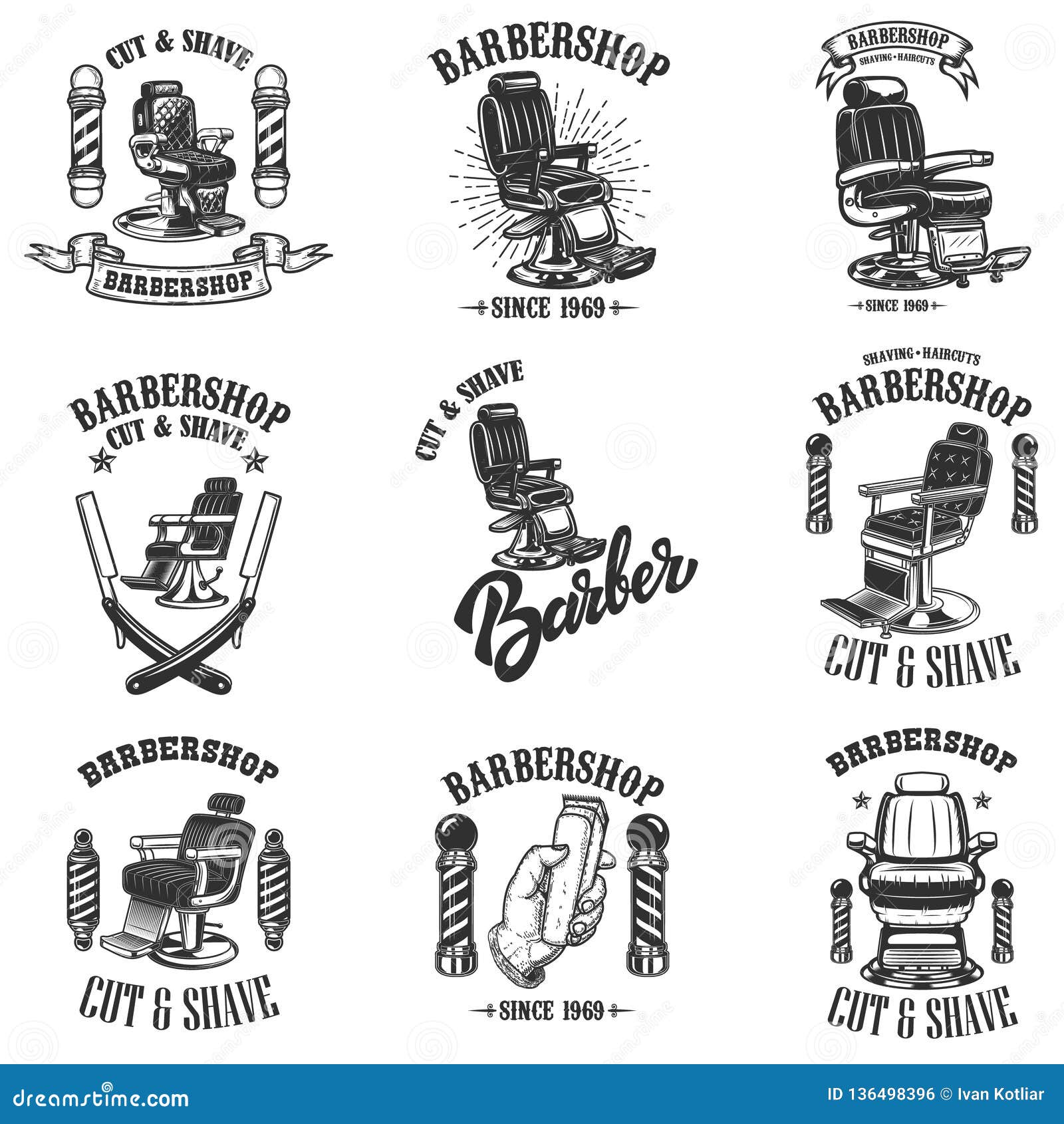 Set Vintage Barber Shop Emblems With Barber Chair