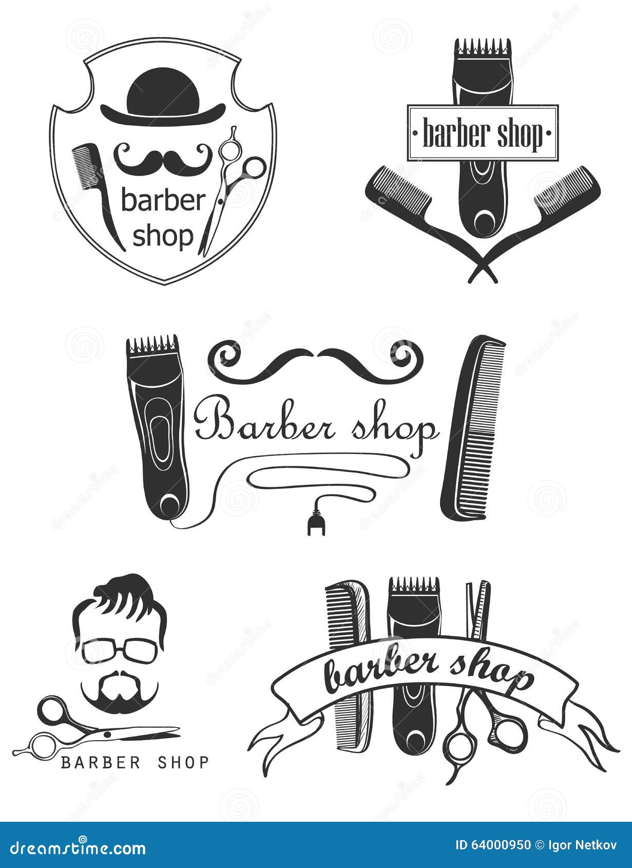 Set Vintage Barber Shop Emblems Label Badges Stock