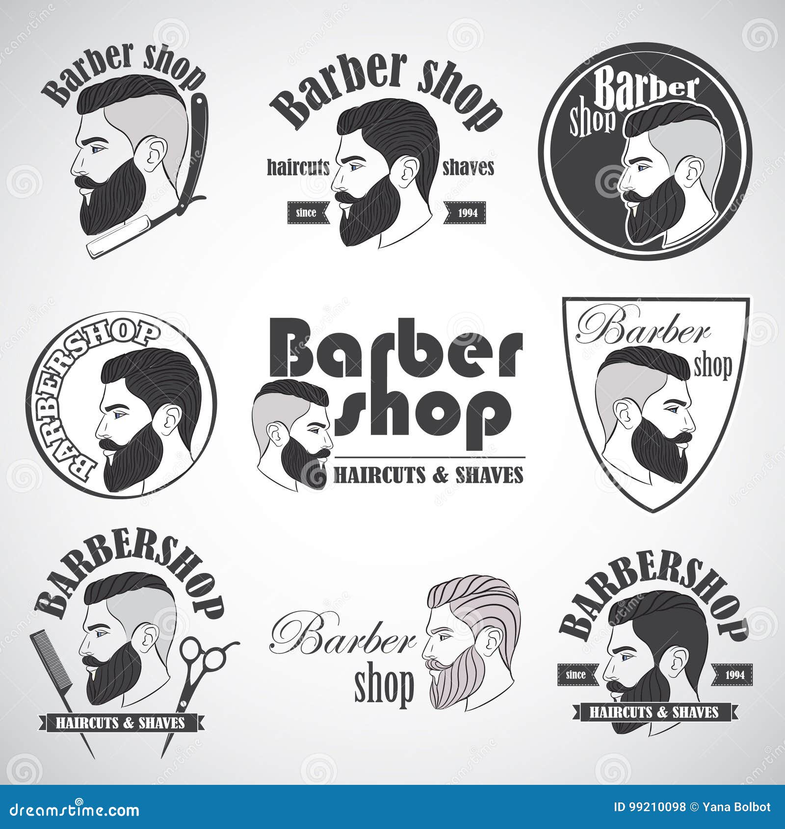 Set Vintage Barber Shop Emblems Label Badges And