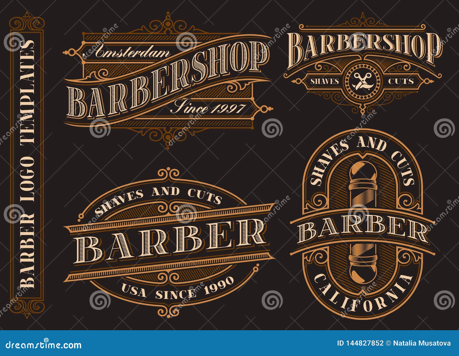 set of vintage barbershop emblems, logos, badges.