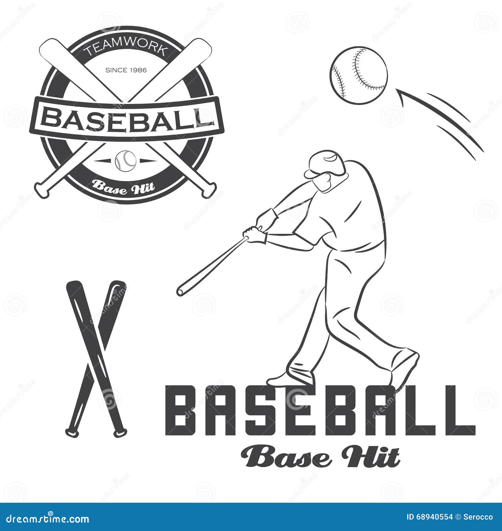 Set of Vintage Baseball Label, Bat and Ball. Stock Vector