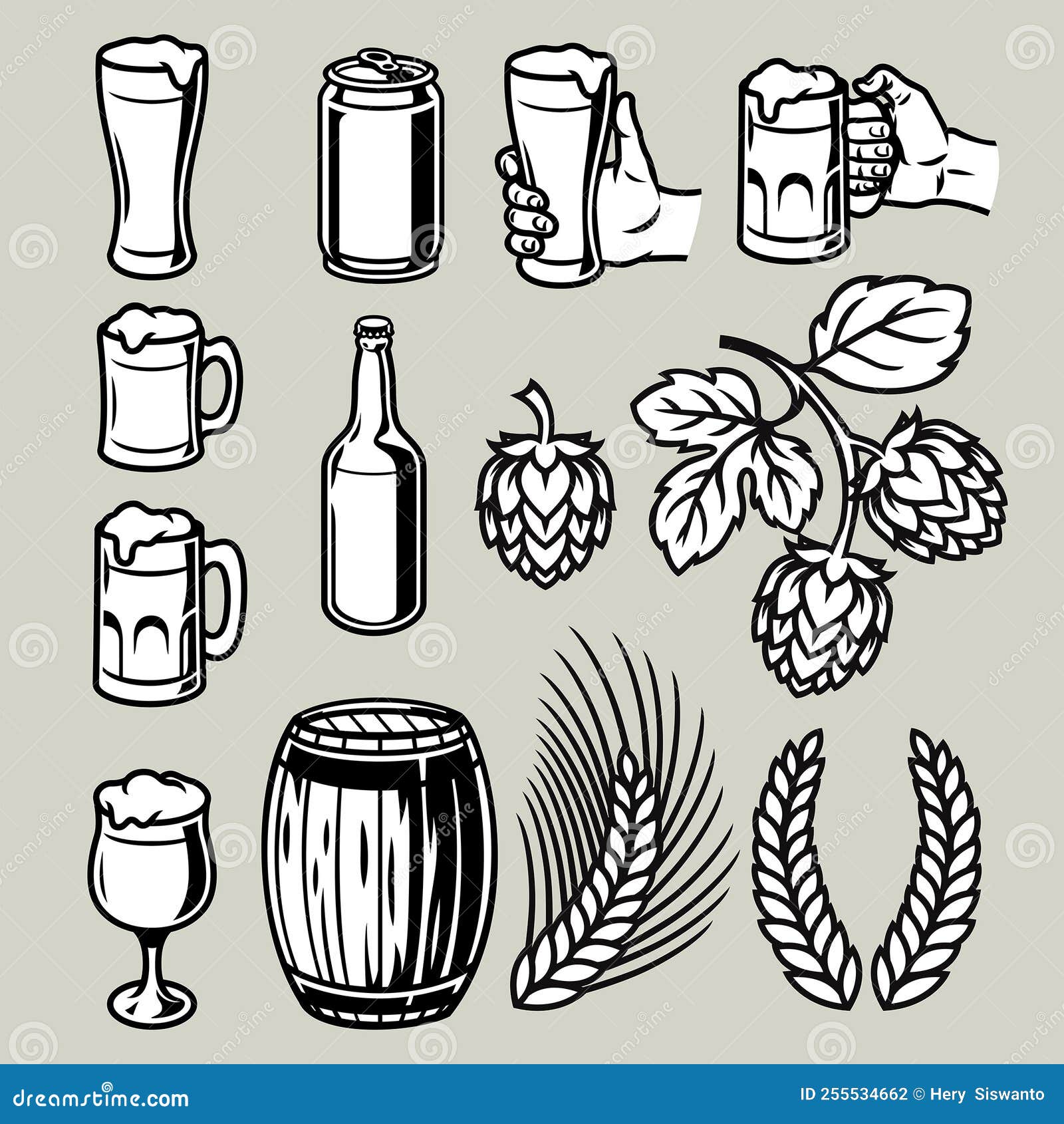 Set of Vintage Black and White Beer Objects Stock Vector Illustration