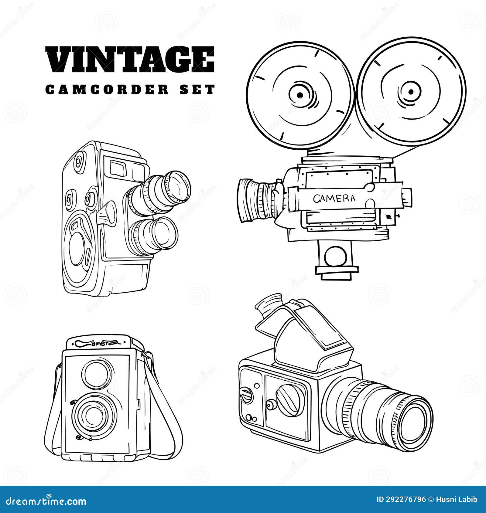 Set of Vintage Camera Recorder in Hand Drawn Design for Audio Visual