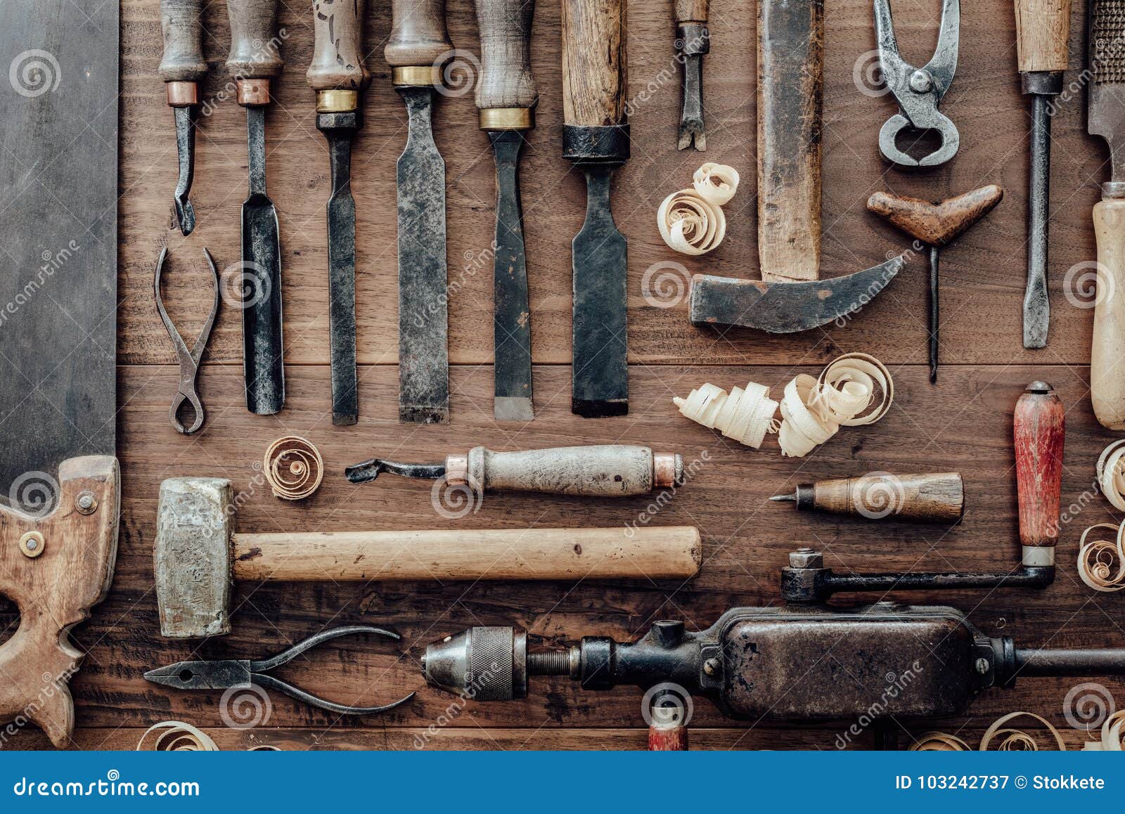 Vintage Woodworking Tools On The Workbench Stock Image 