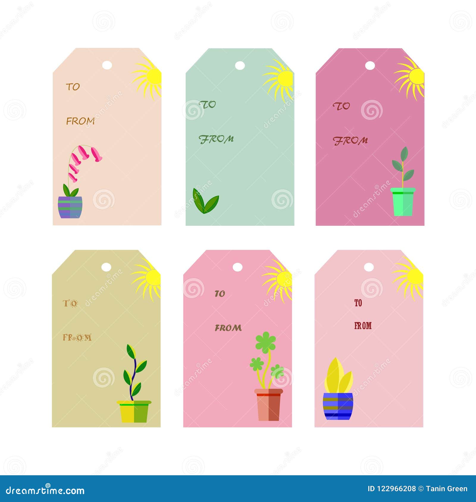 Set of 6 Vintage Gift Tags with Plant Pots and Sun. Stock Vector