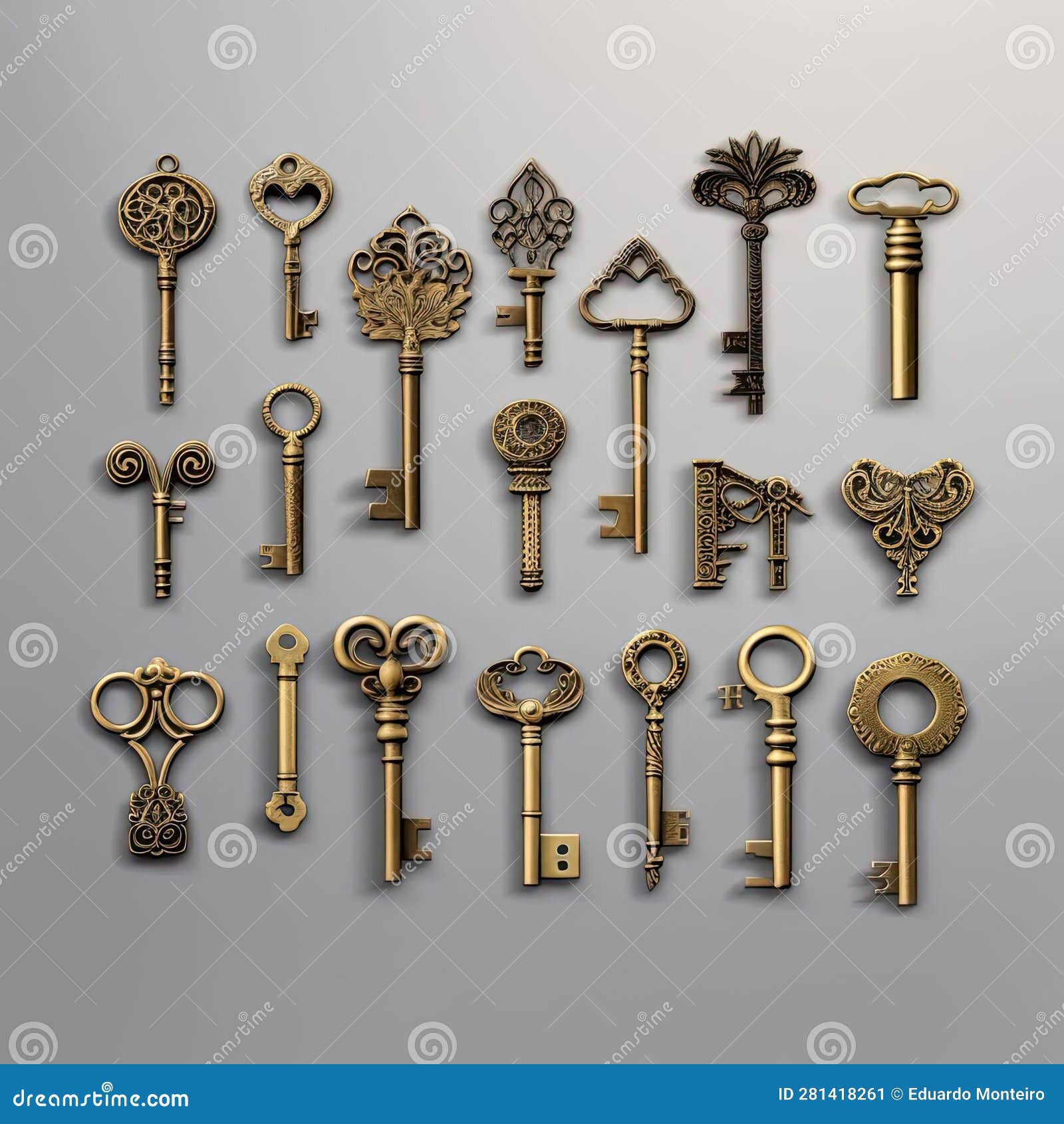 Set of Vintage Golden Keys Isolated on Grey Background Stock