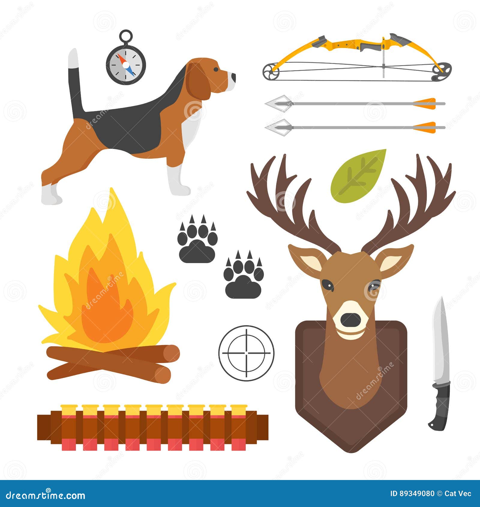 set of vintage hunting s camping objects  s flat style hunter weapons and forest wild animals and