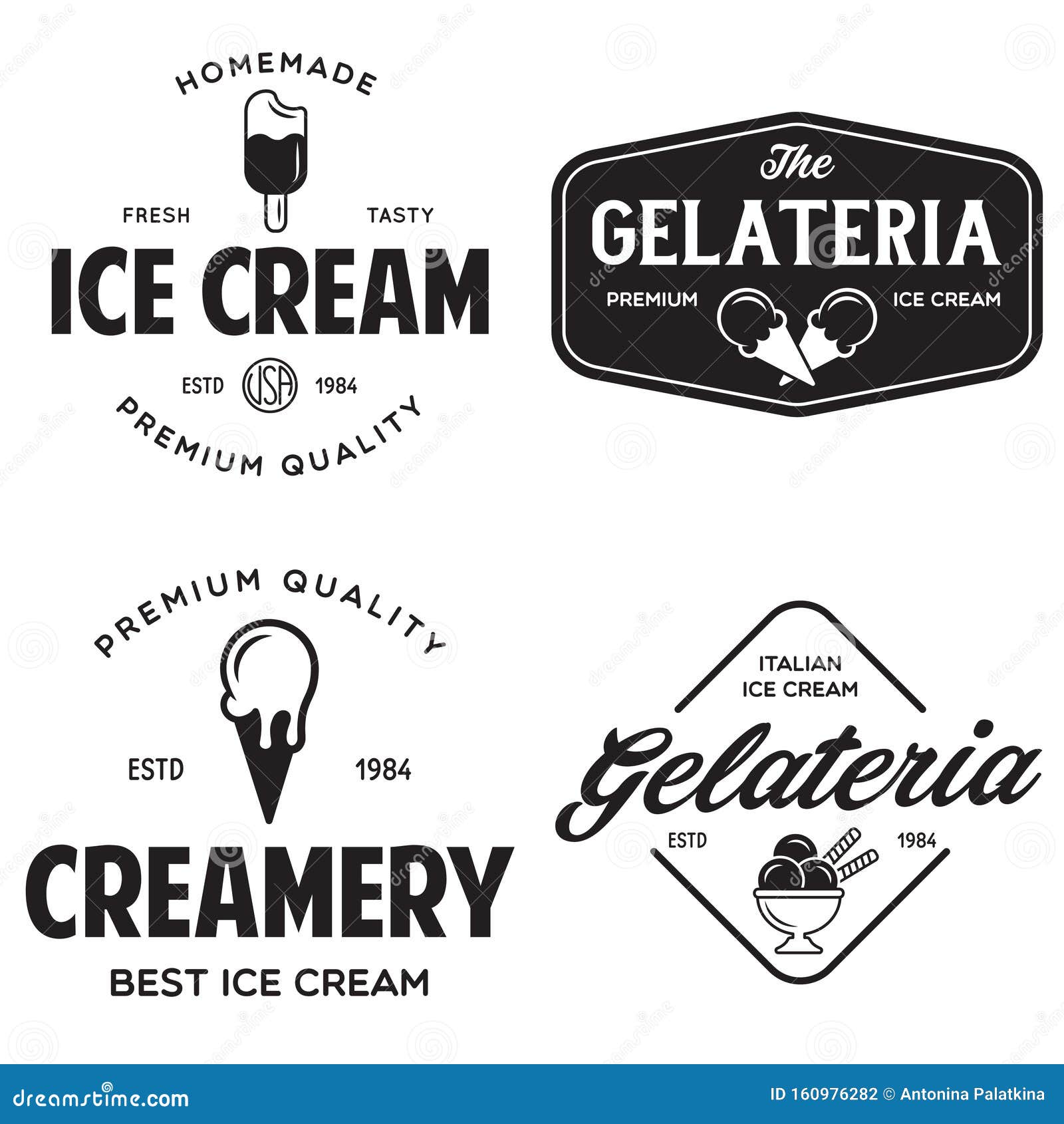Set Of Vintage Ice Cream Shop Logo Badges And Labels Gelateria Signs Retro Logotypes For Cafeteria Or Bar Stock Illustration Illustration Of Banner Italian 160976282