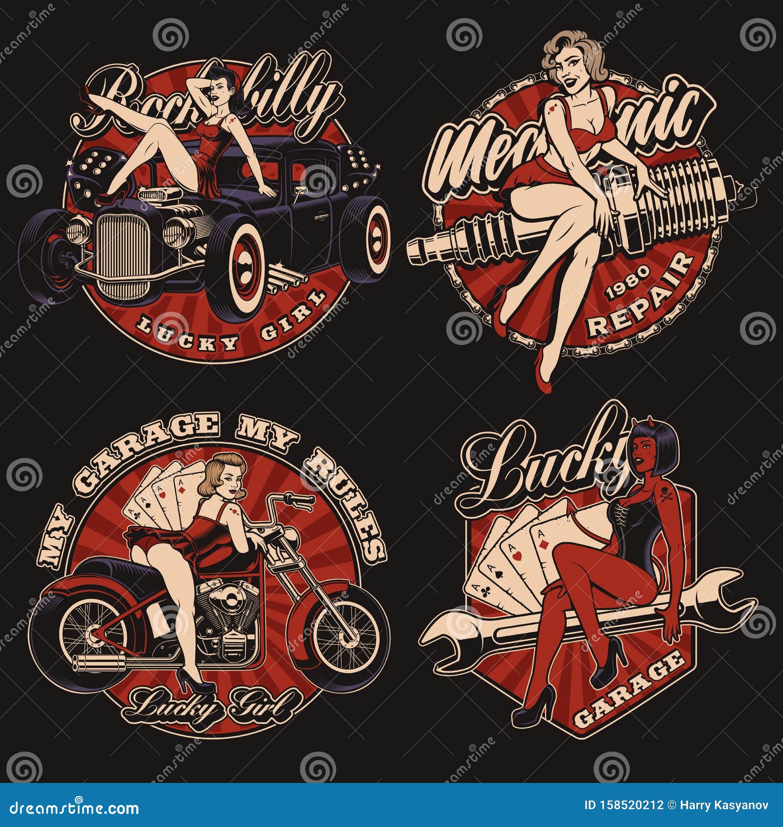 set of vintage pin up girls on the dark background