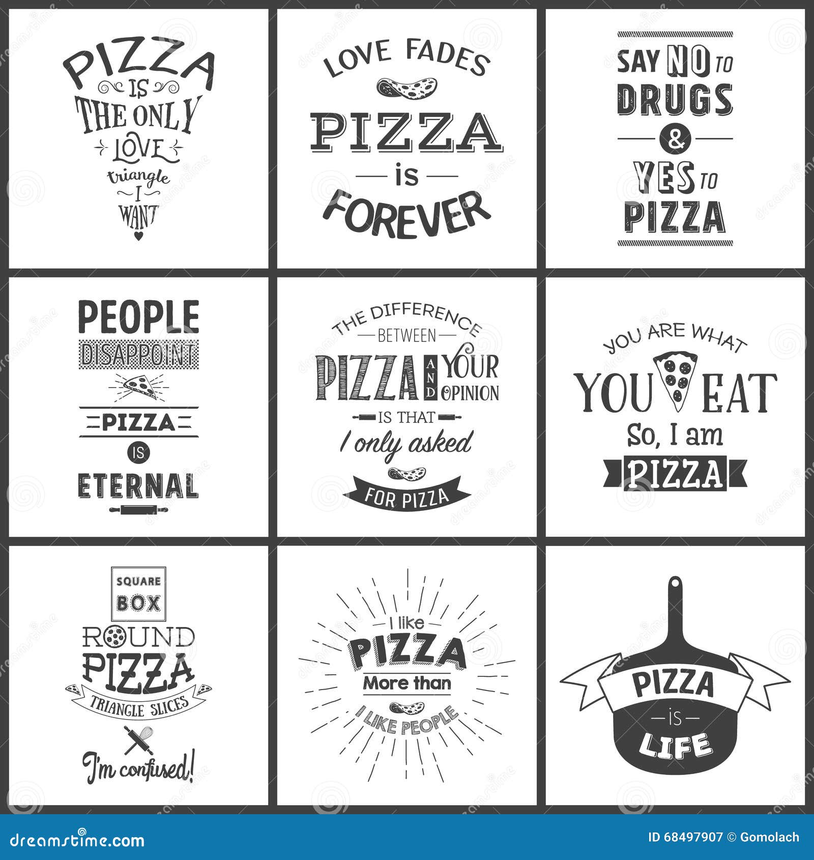 Set of Vintage Pizza Typographic Quotes Stock Vector Illustration of