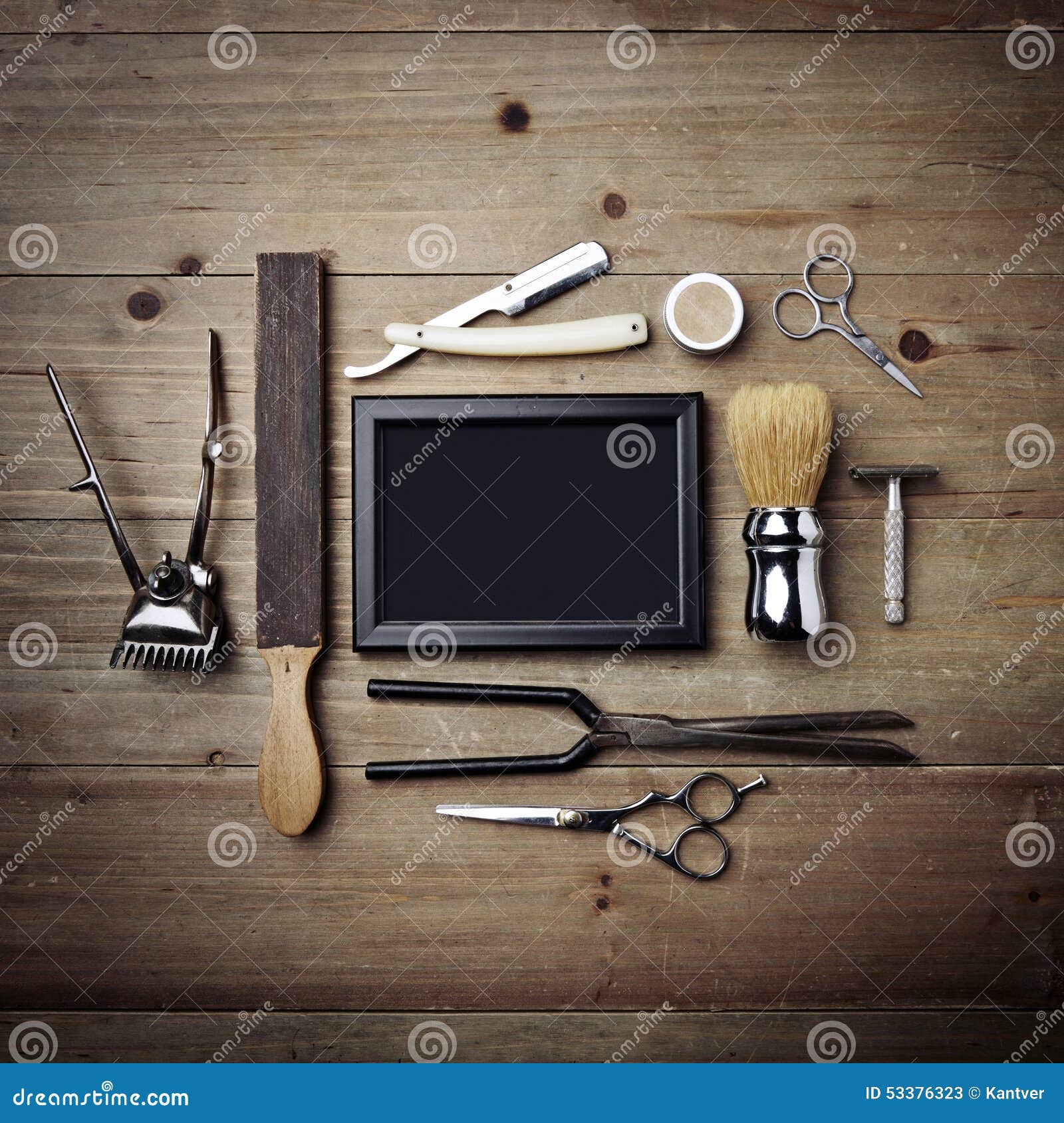 Set of vintage tools of barber shop with black picture frame. Set of vintage tools of barber shop and black frame