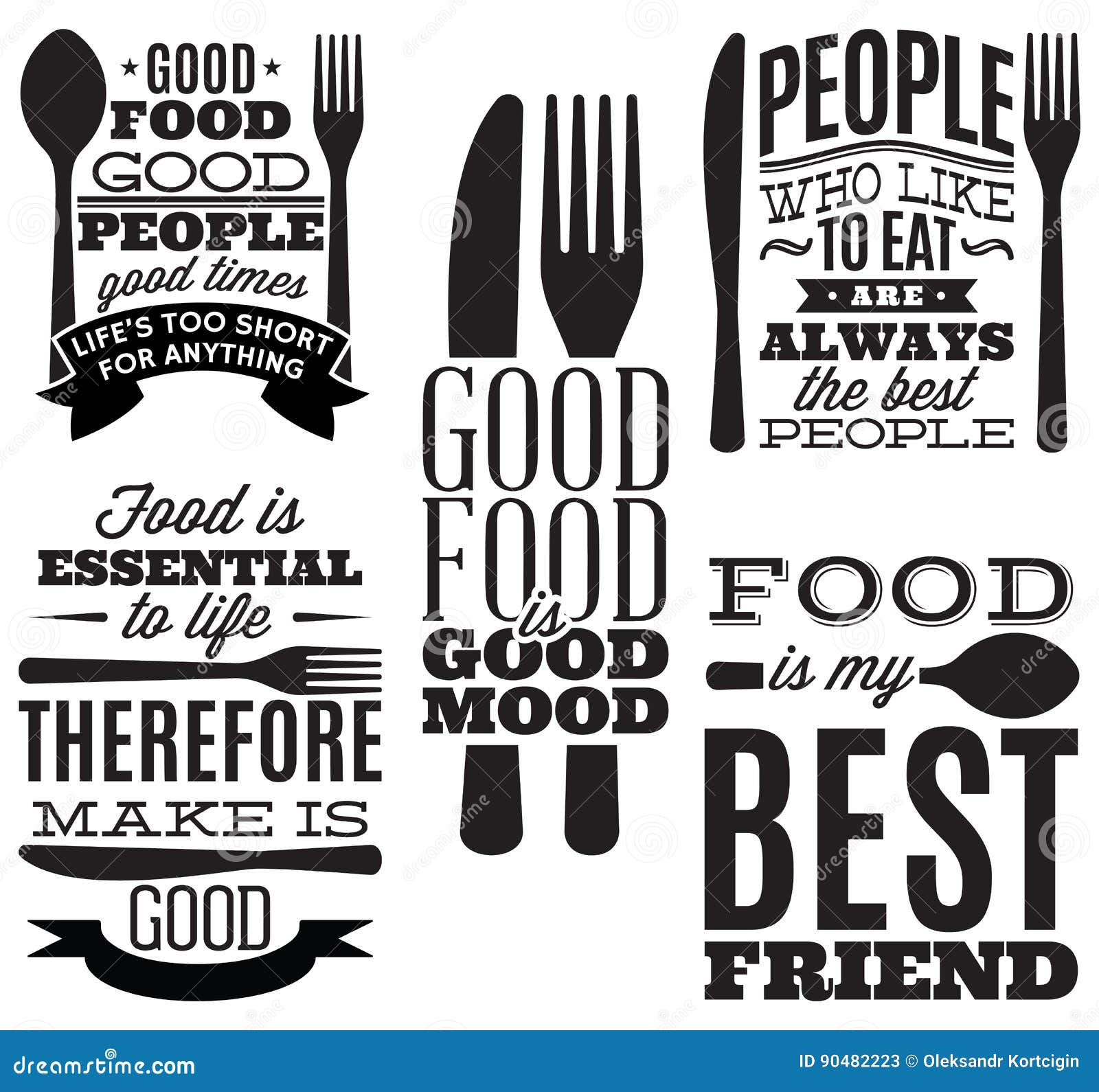 Set Of Vintage Typographic Food Quotes For Menu Or T-Shift With Knife,  Spoon, Fork Stock Vector - Illustration Of Barbecue, Badge: 90482223