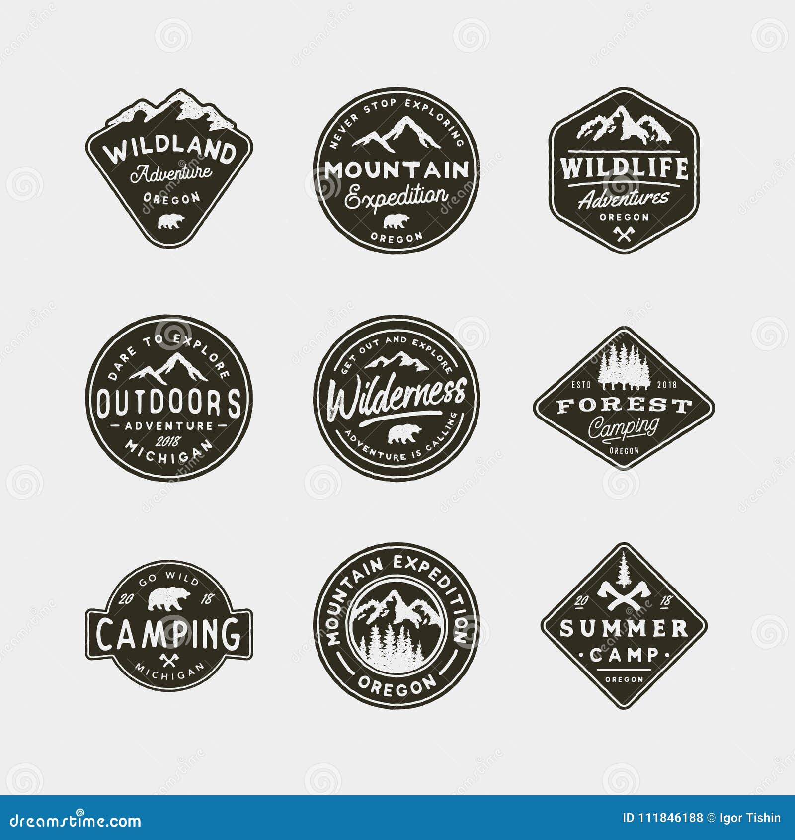set of vintage wilderness logos. hand drawn retro styled outdoor adventure emblems.  