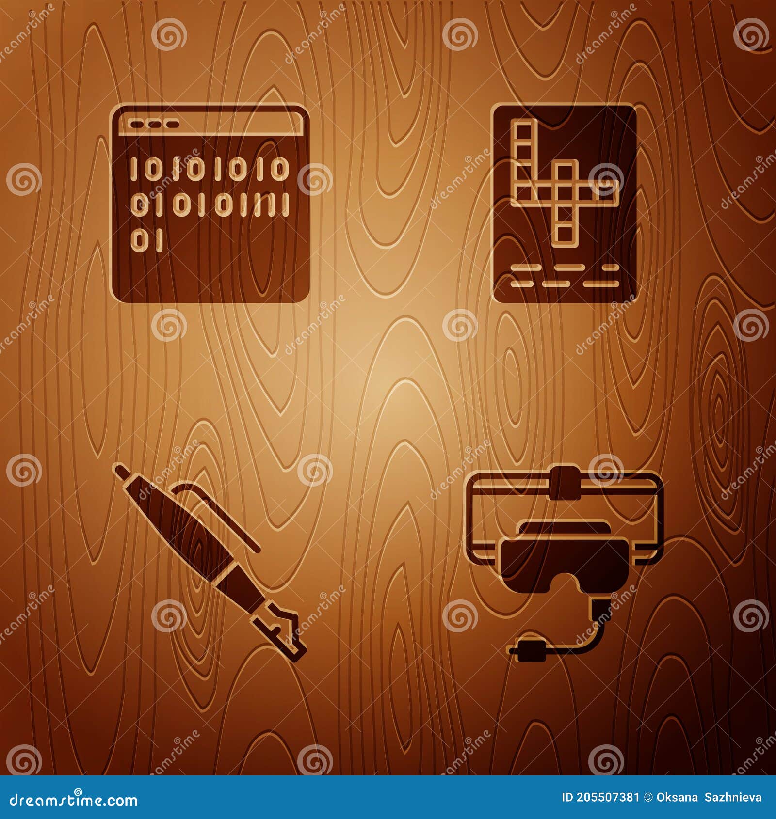 Set Virtual Reality Glasses, Binary Code, Fountain Pen Nib and